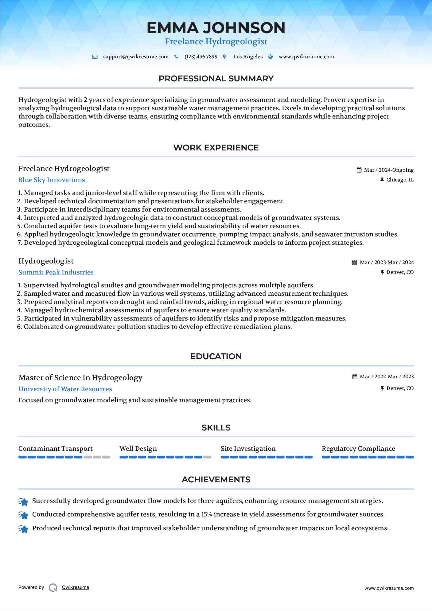 Freelance Hydrogeologist Resume Example