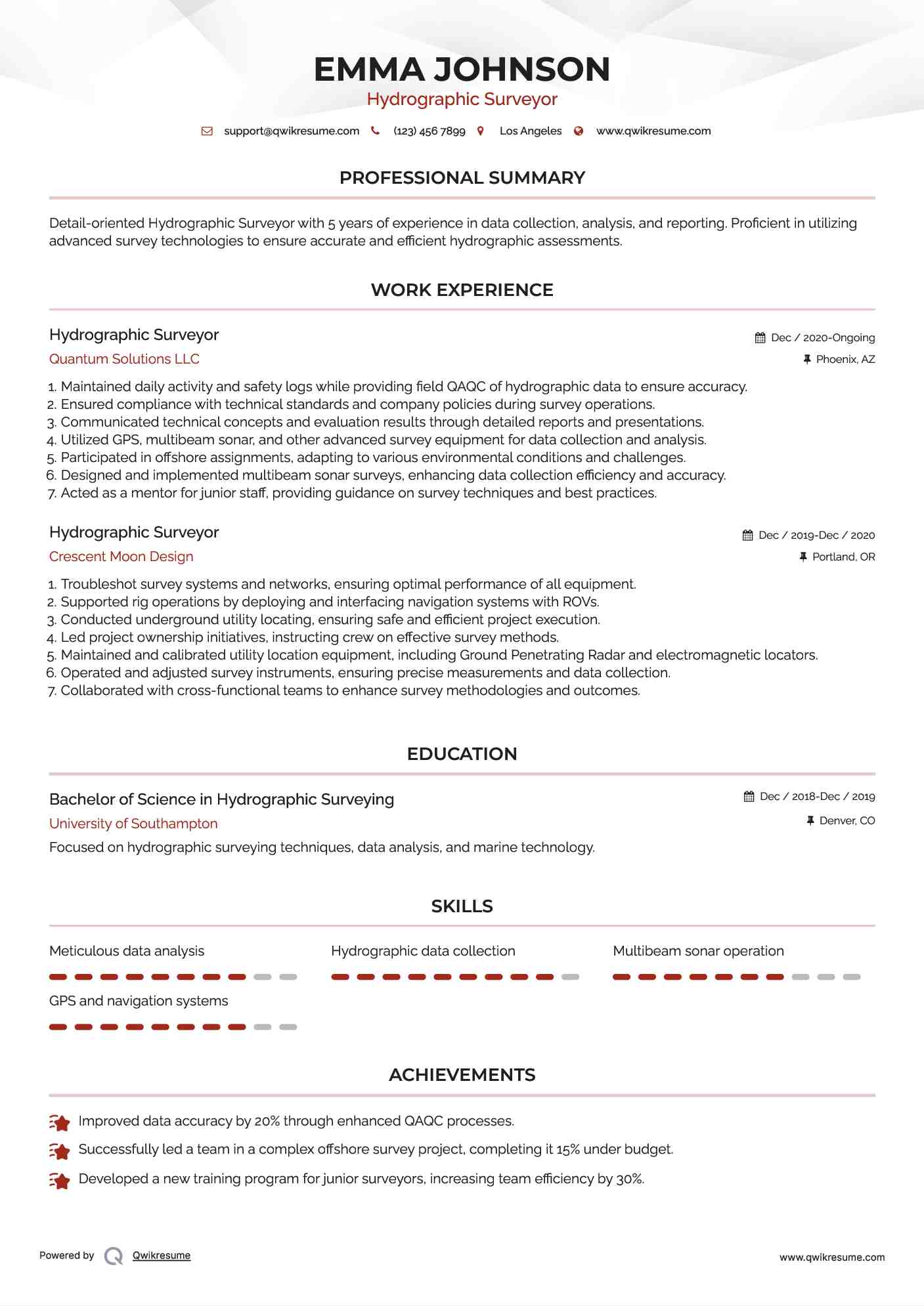 Hydrographic Surveyor Resume Example