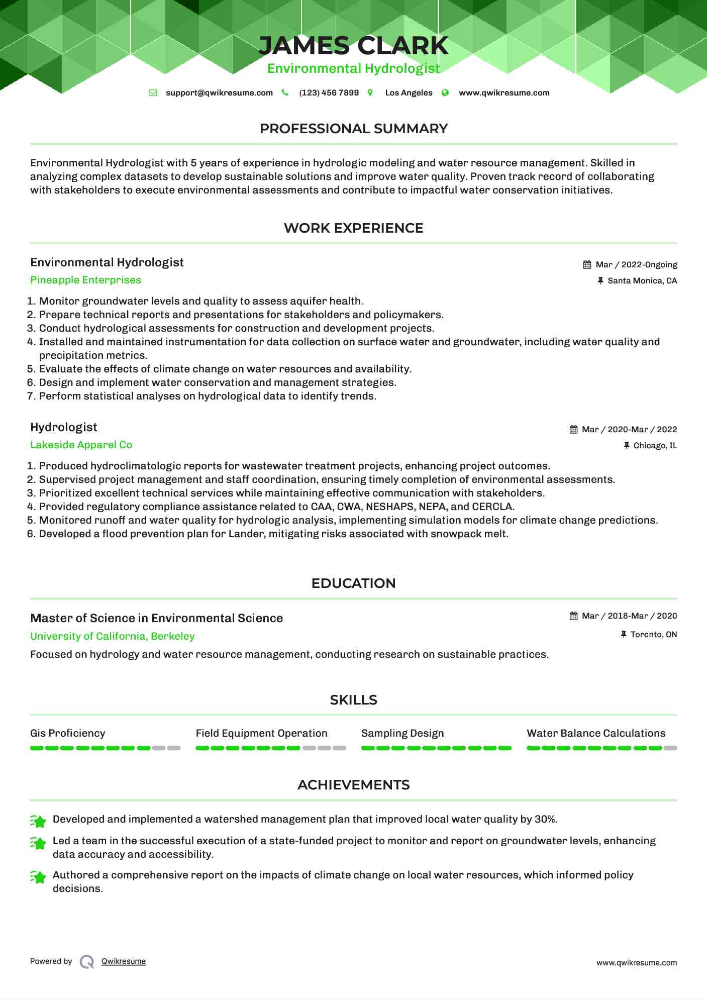 Environmental Hydrologist Resume Template