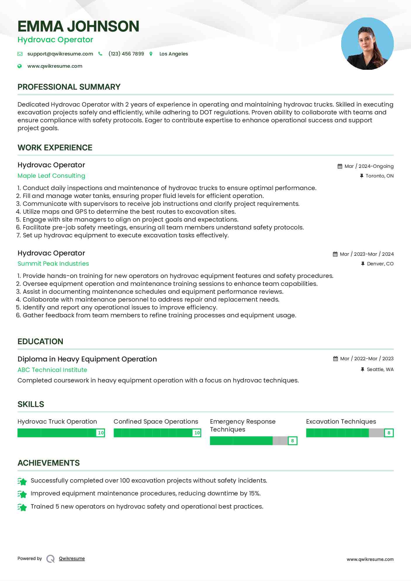 Hydrovac Operator Resume Samples QwikResume
