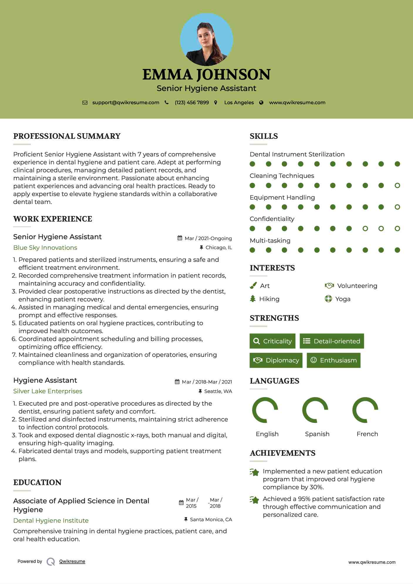 Senior Hygiene Assistant Resume Template