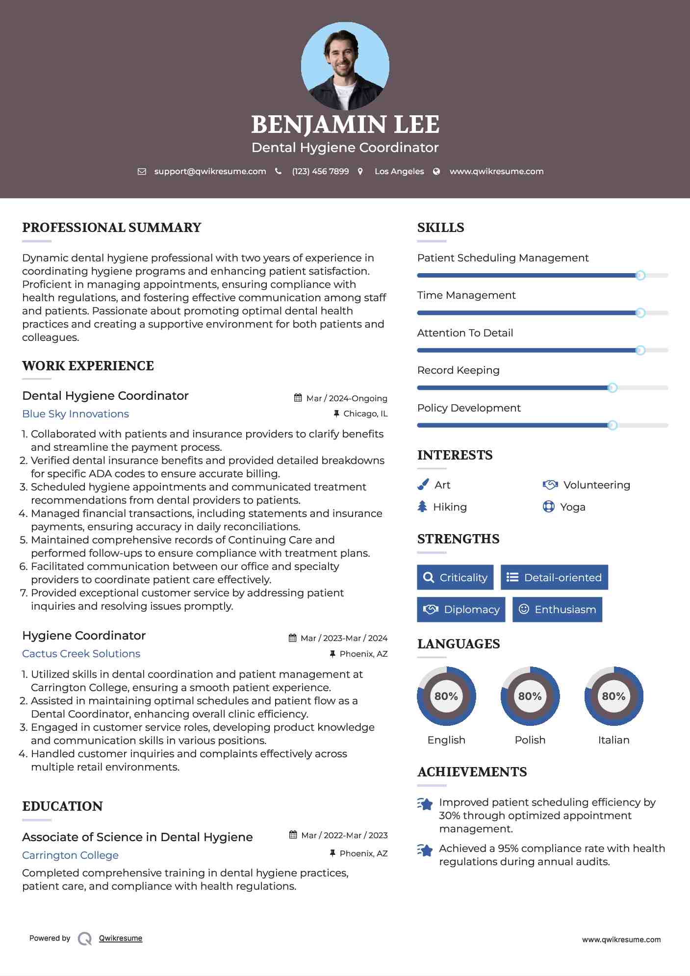 Dental Hygiene Coordinator Resume Template