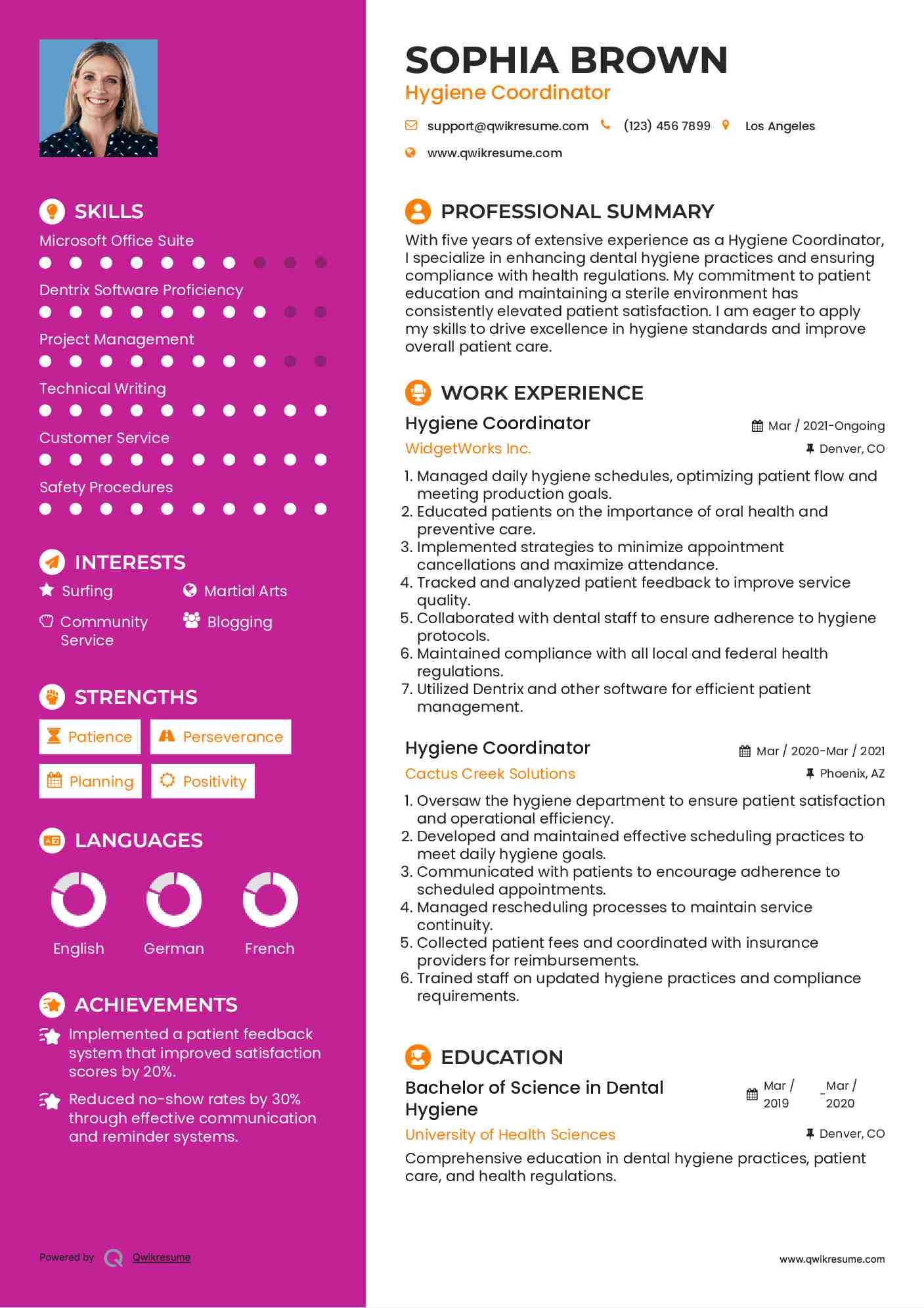 Hygiene Coordinator Resume Example