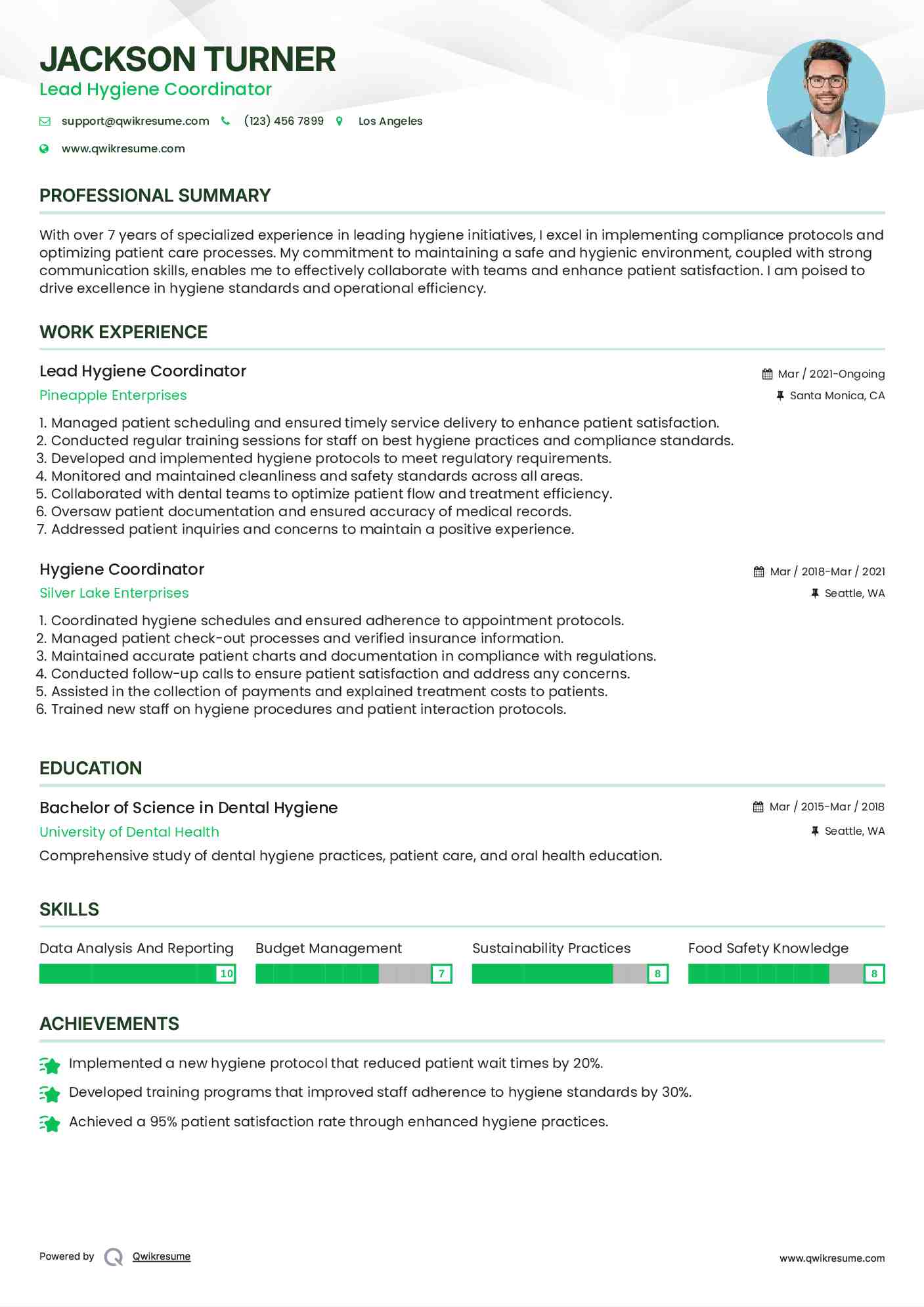 Lead Hygiene Coordinator Resume Example