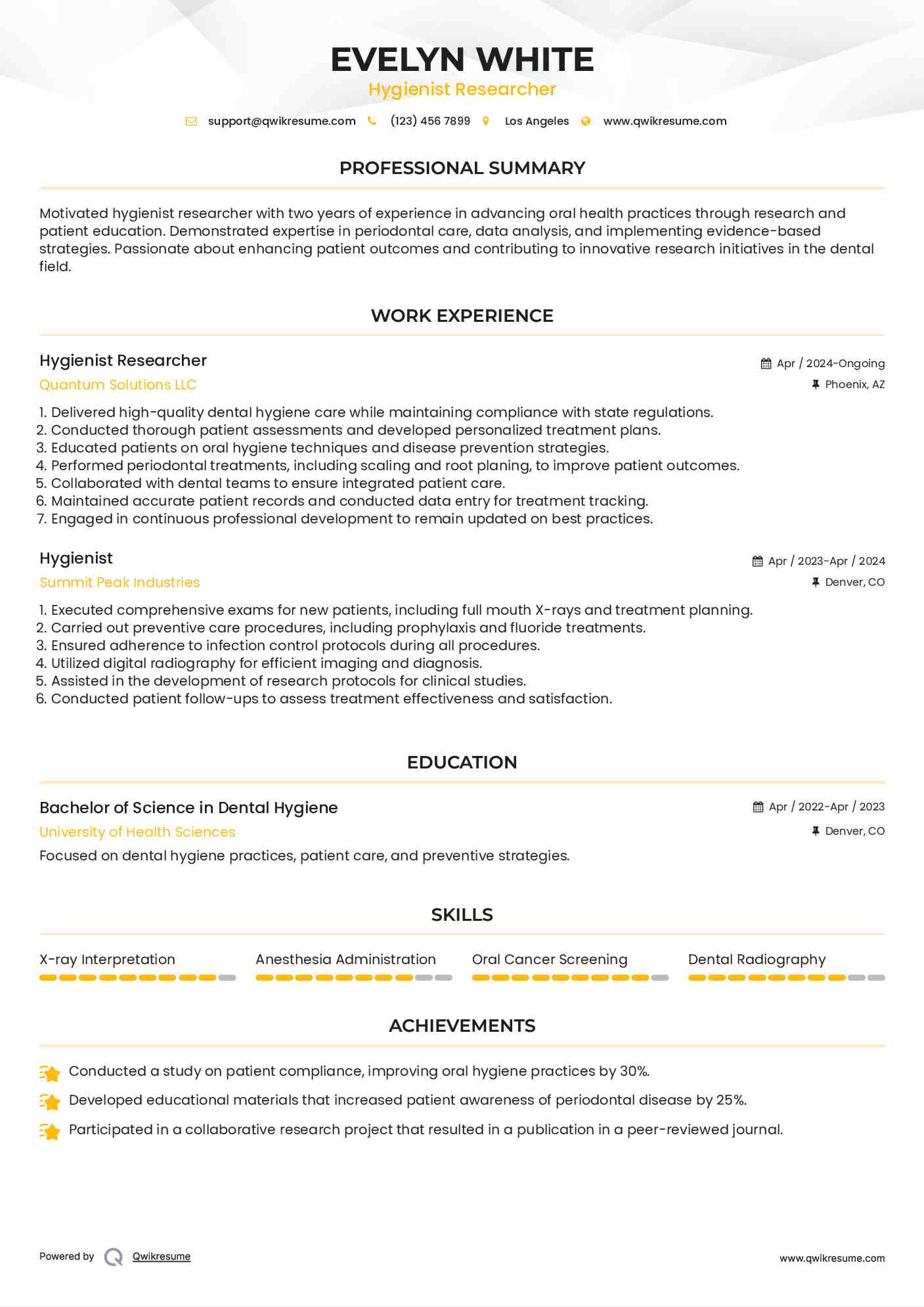 Hygienist Researcher Resume Template