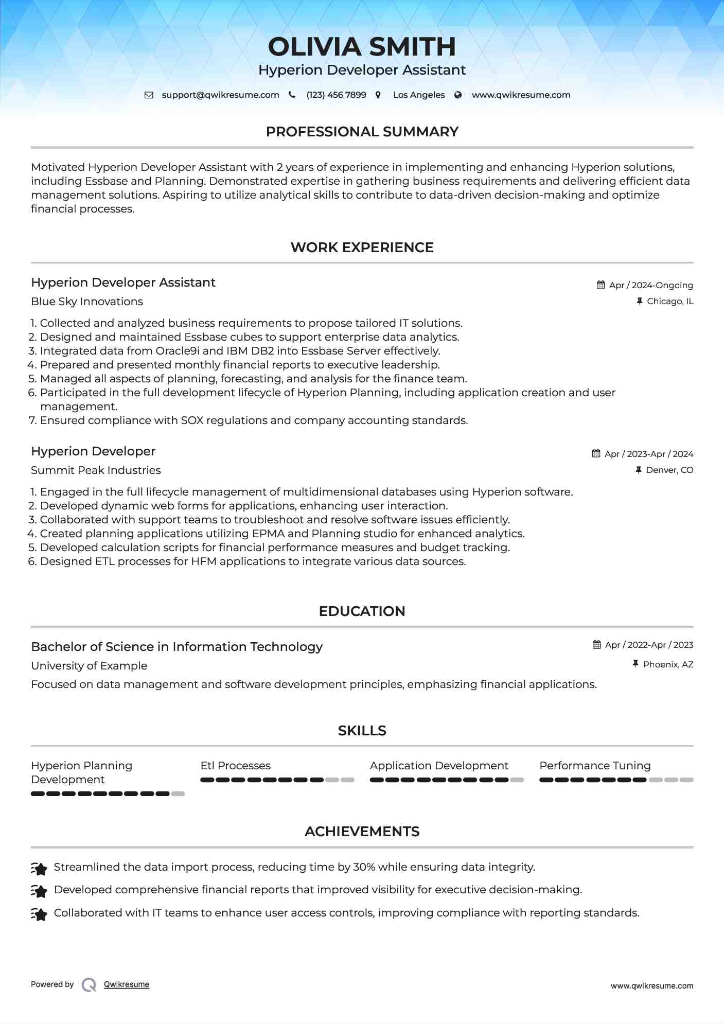 Hyperion Developer Assistant Resume Sample