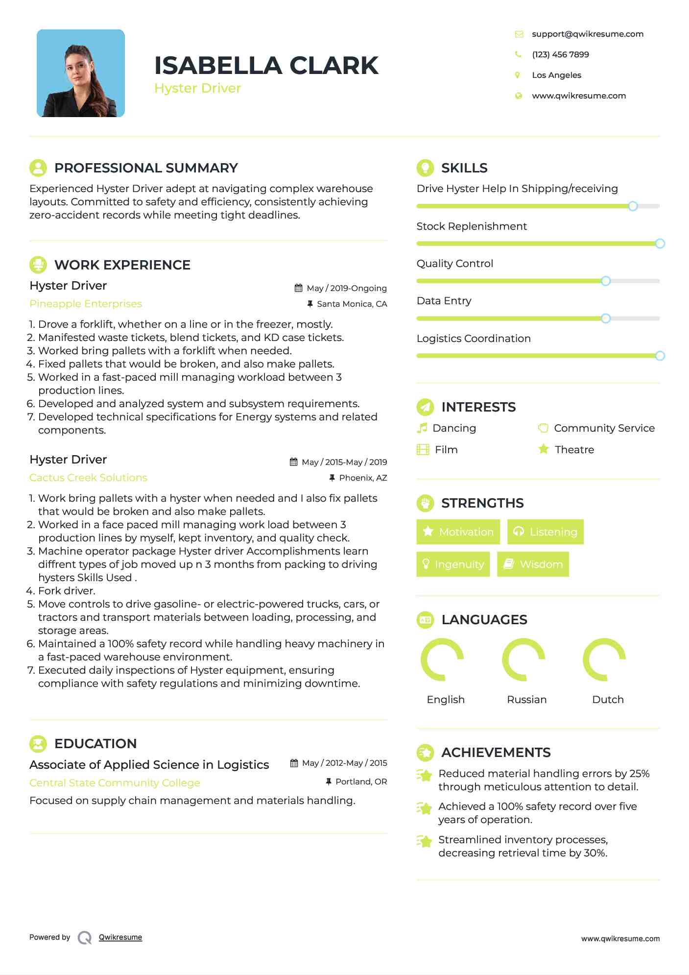 Hyster Driver Resume Model