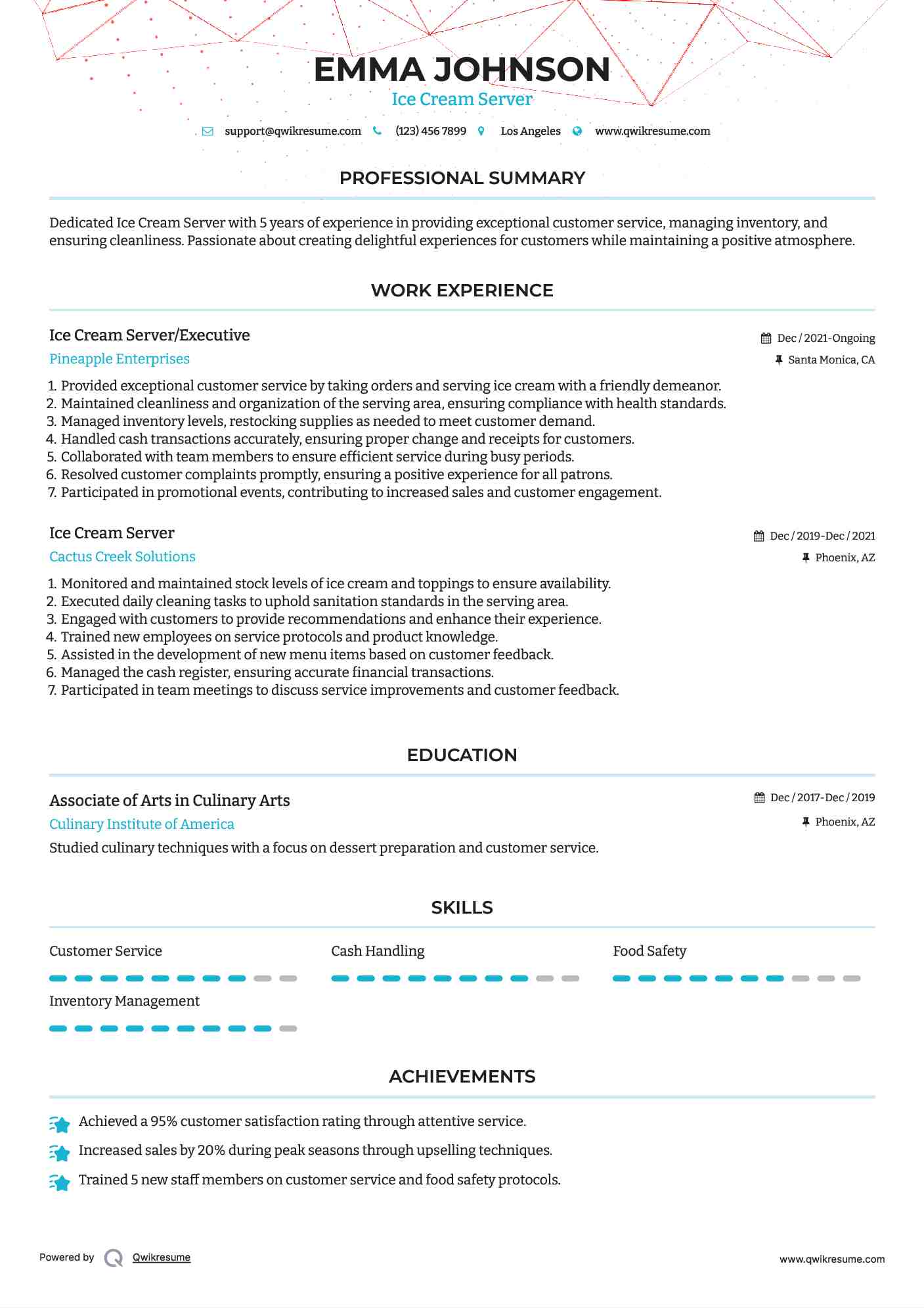Ice Cream Server Resume Samples QwikResume
