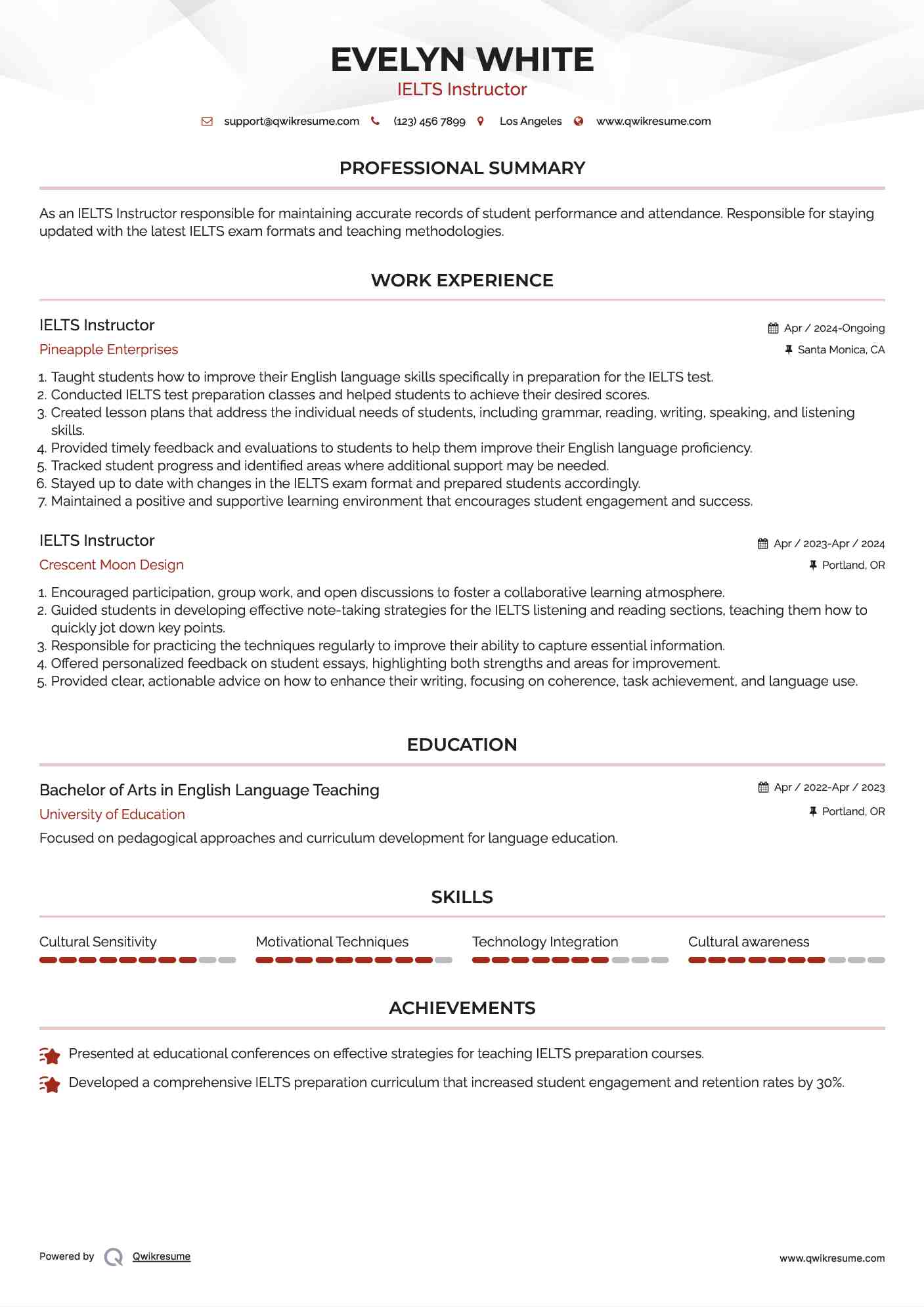  IELTS Instructor Resume Sample