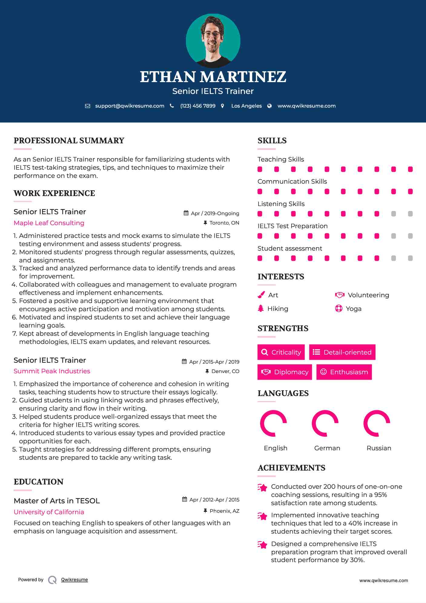 Senior IELTS Trainer Resume Model