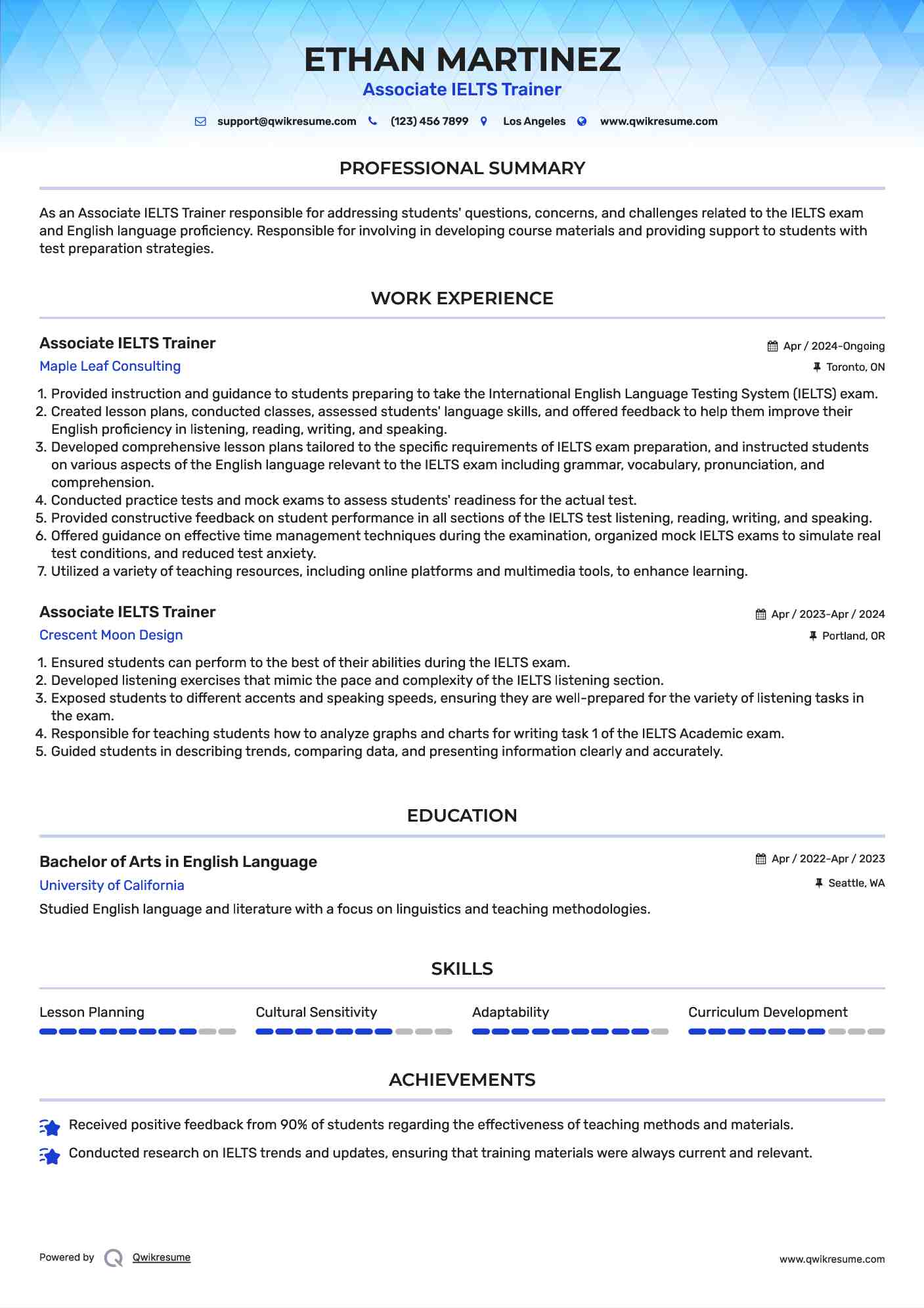 Associate IELTS Trainer Resume Template