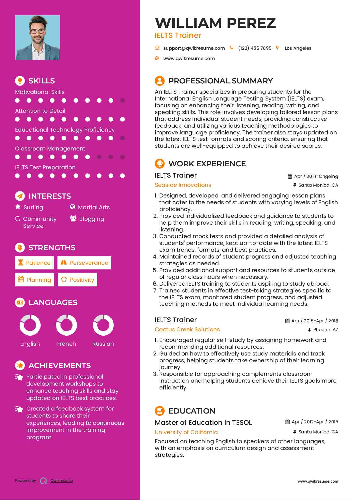 IELTS Trainer Resume Example