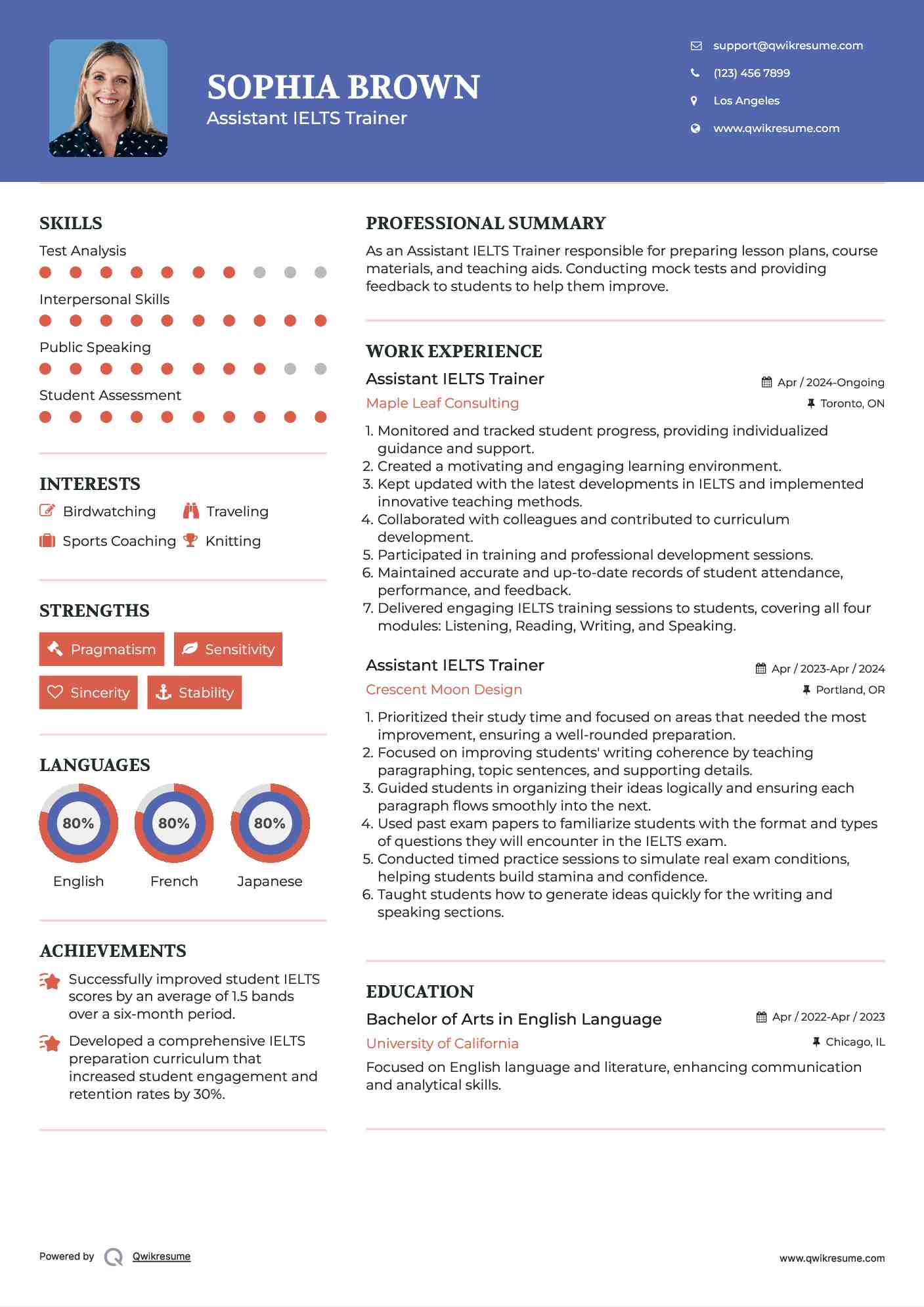 Assistant IELTS Trainer Resume Example