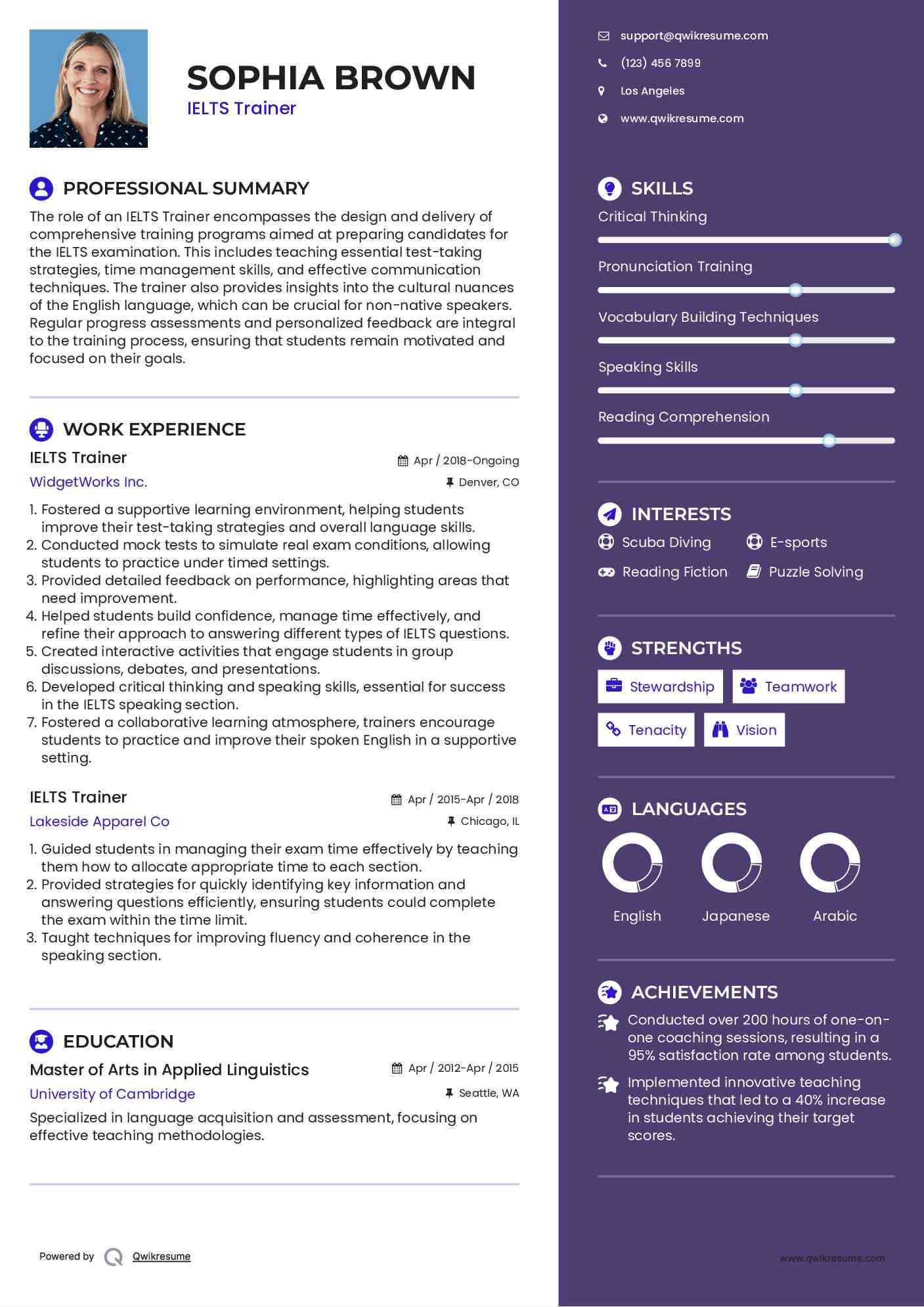IELTS Trainer Resume Sample