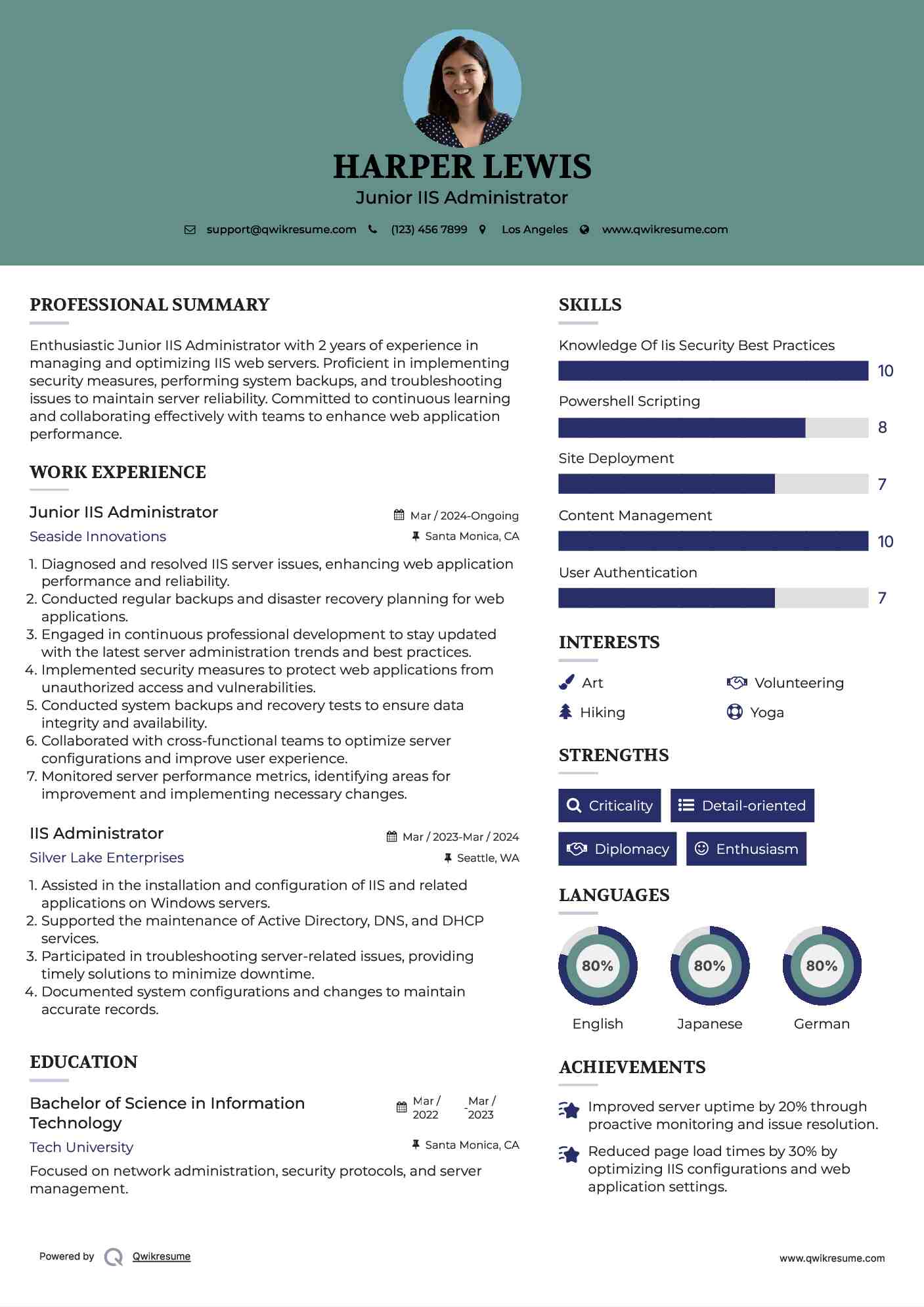Junior IIS Administrator Resume Example