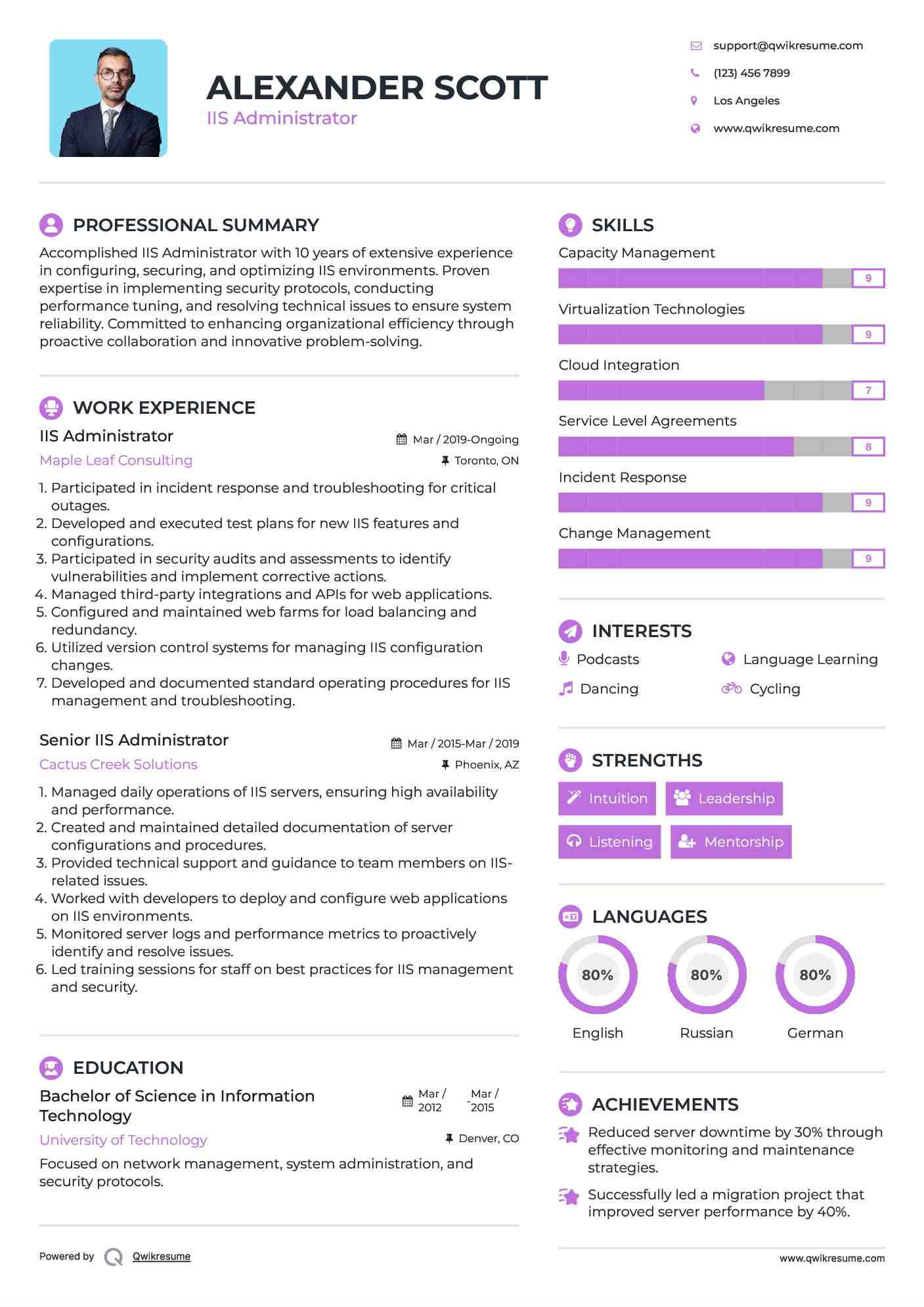 IIS Administrator Resume Example