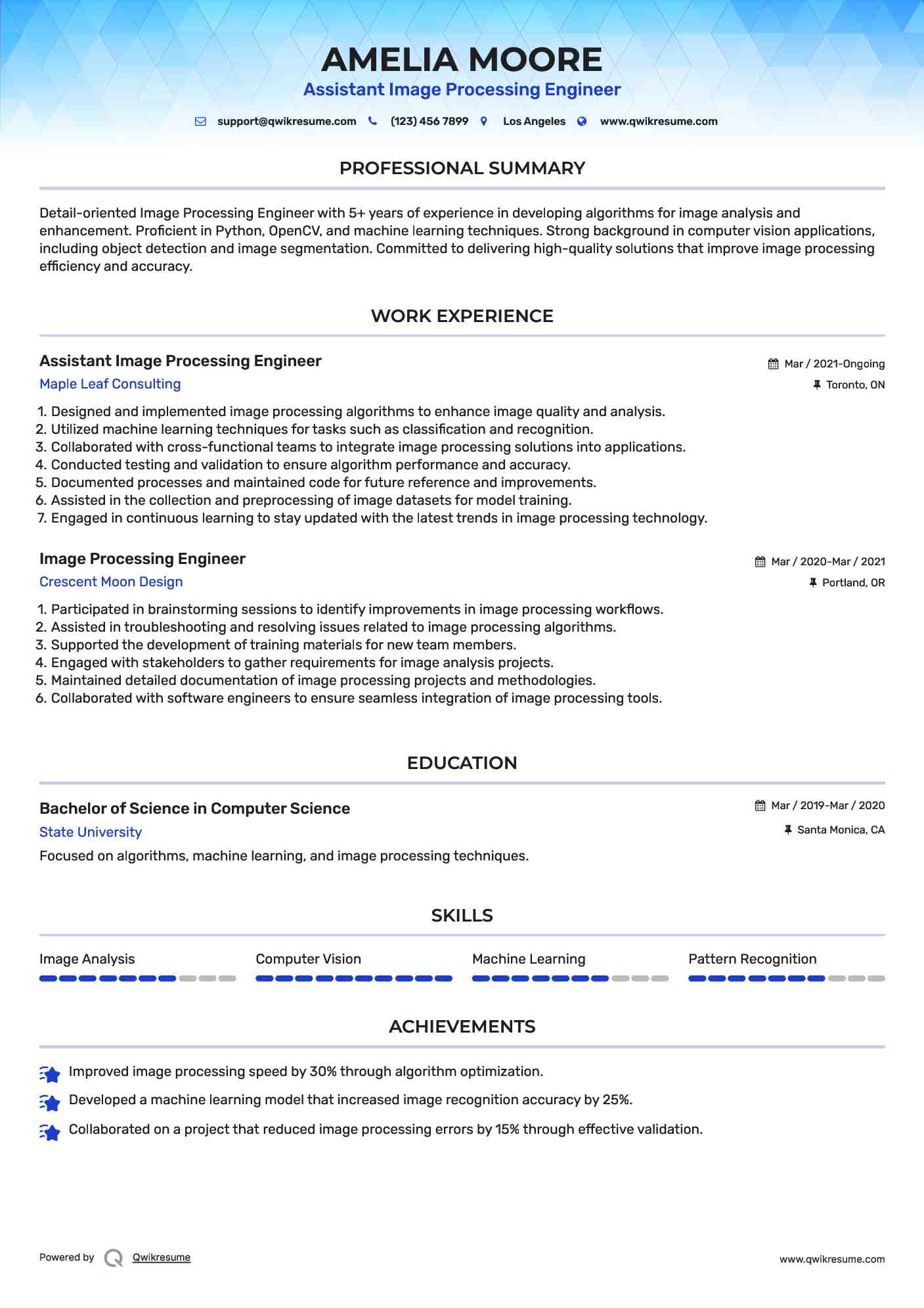 Assistant Image Processing Engineer Resume Example