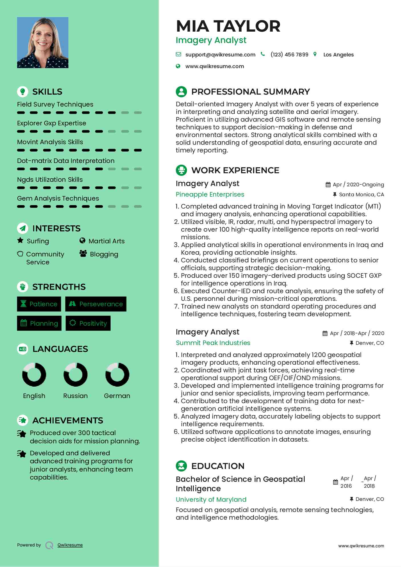 Imagery Analyst Resume Sample