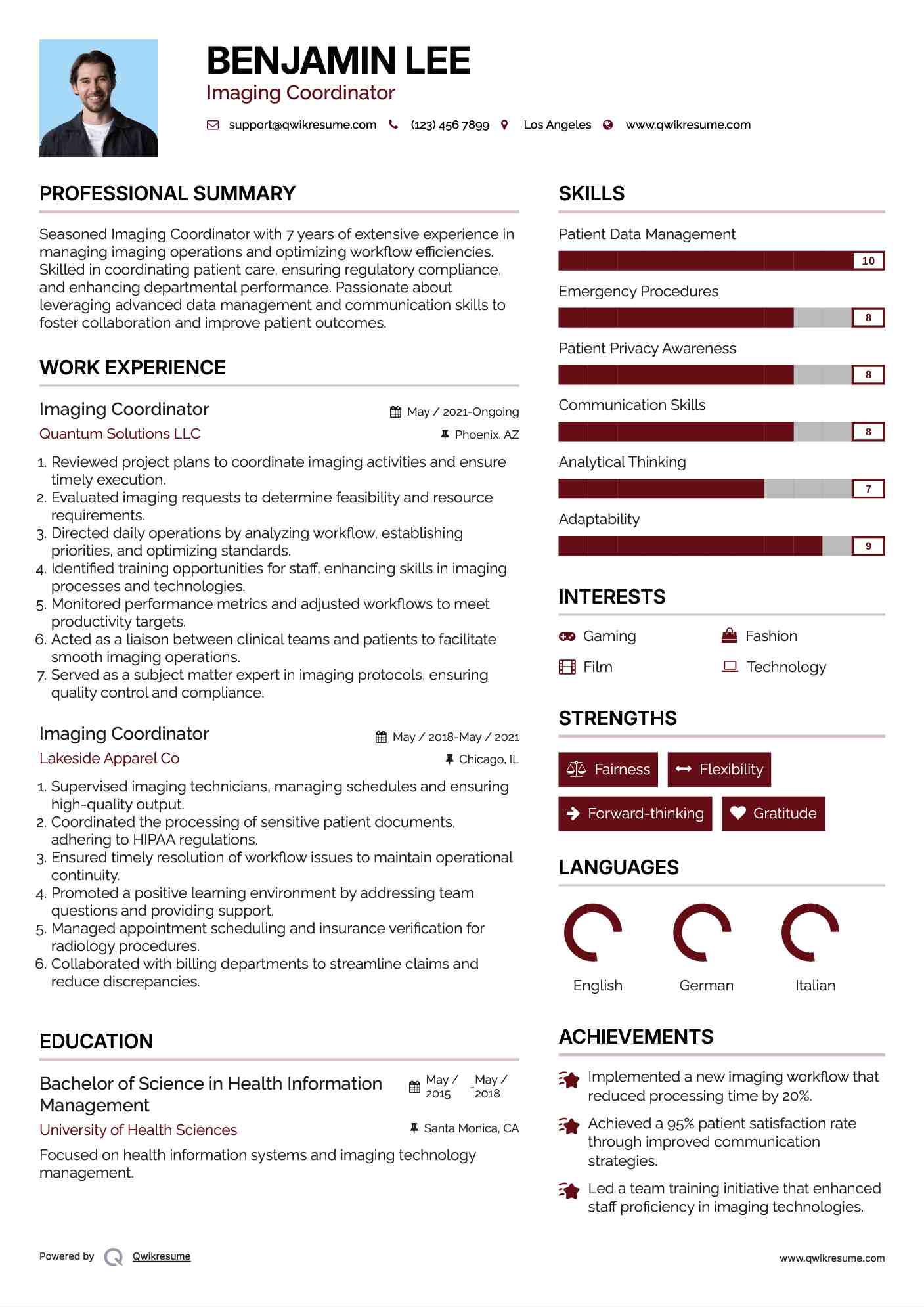 Imaging Coordinator Resume Model