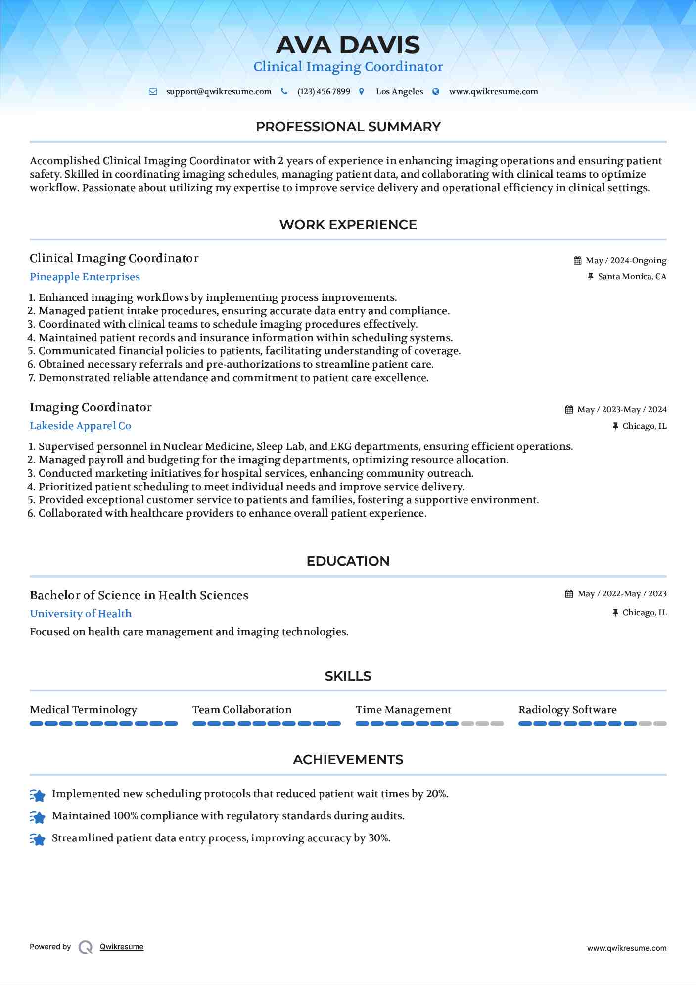 Clinical Imaging Coordinator Resume Format