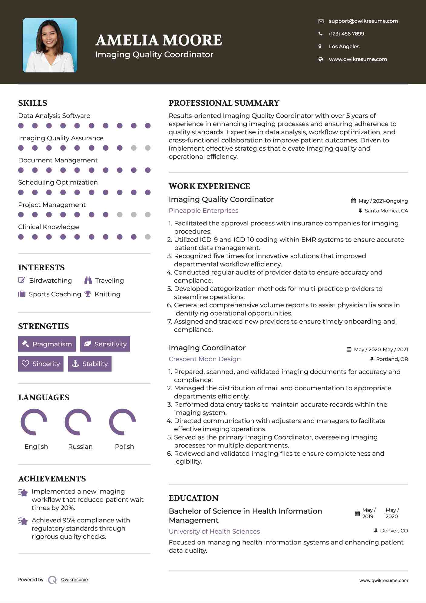 Imaging Quality Coordinator Resume Sample