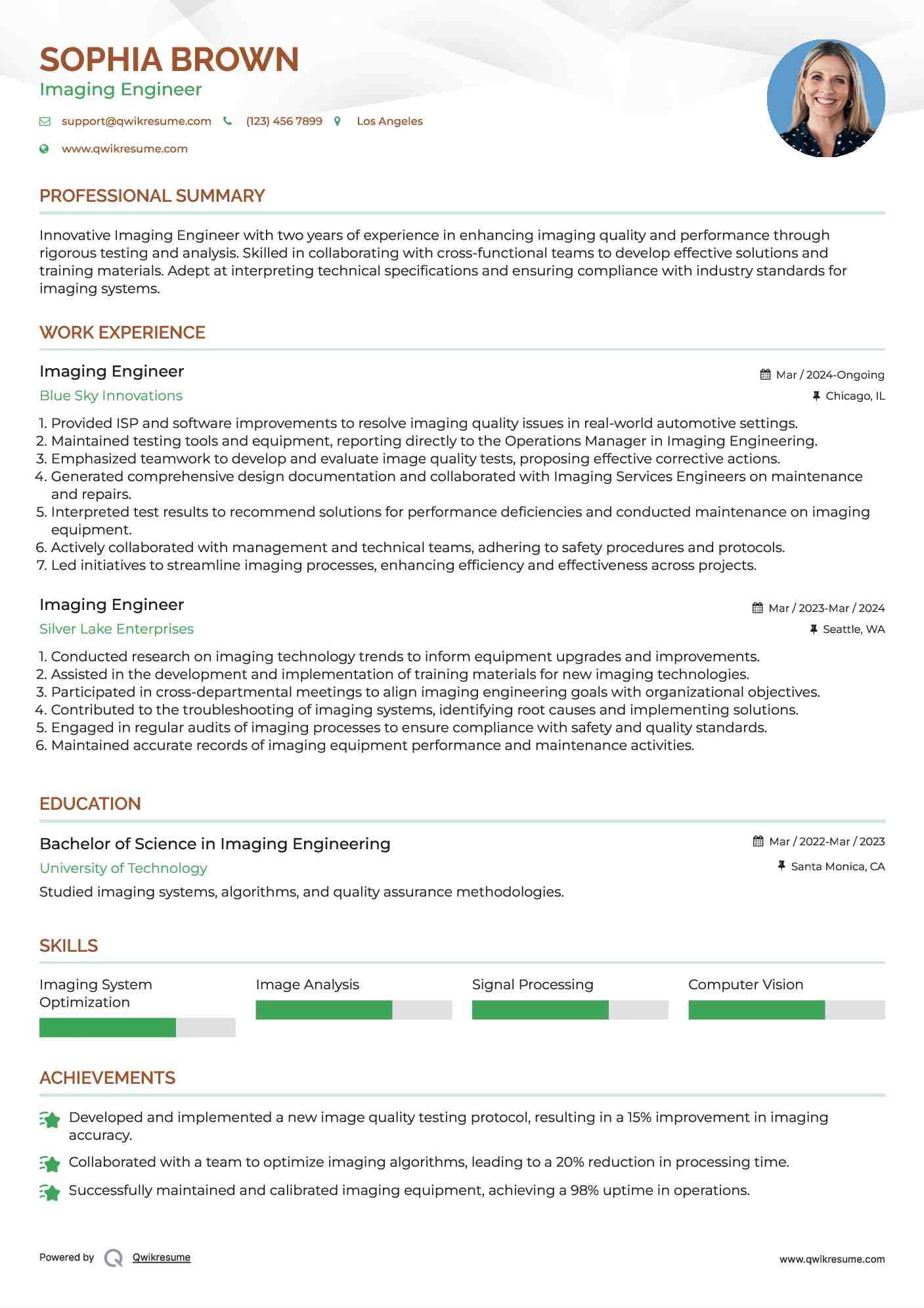 Imaging Engineer Resume Example