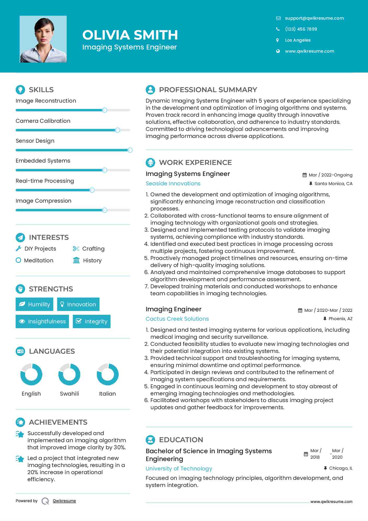 Imaging Systems Engineer Resume Sample
