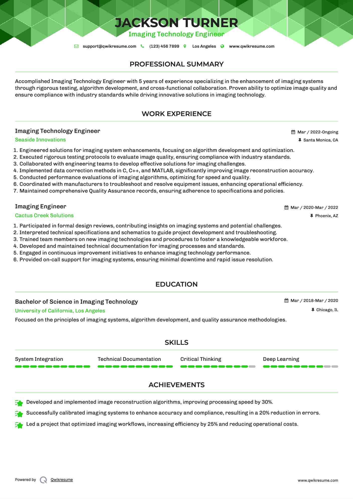 Imaging Technology Engineer Resume Example