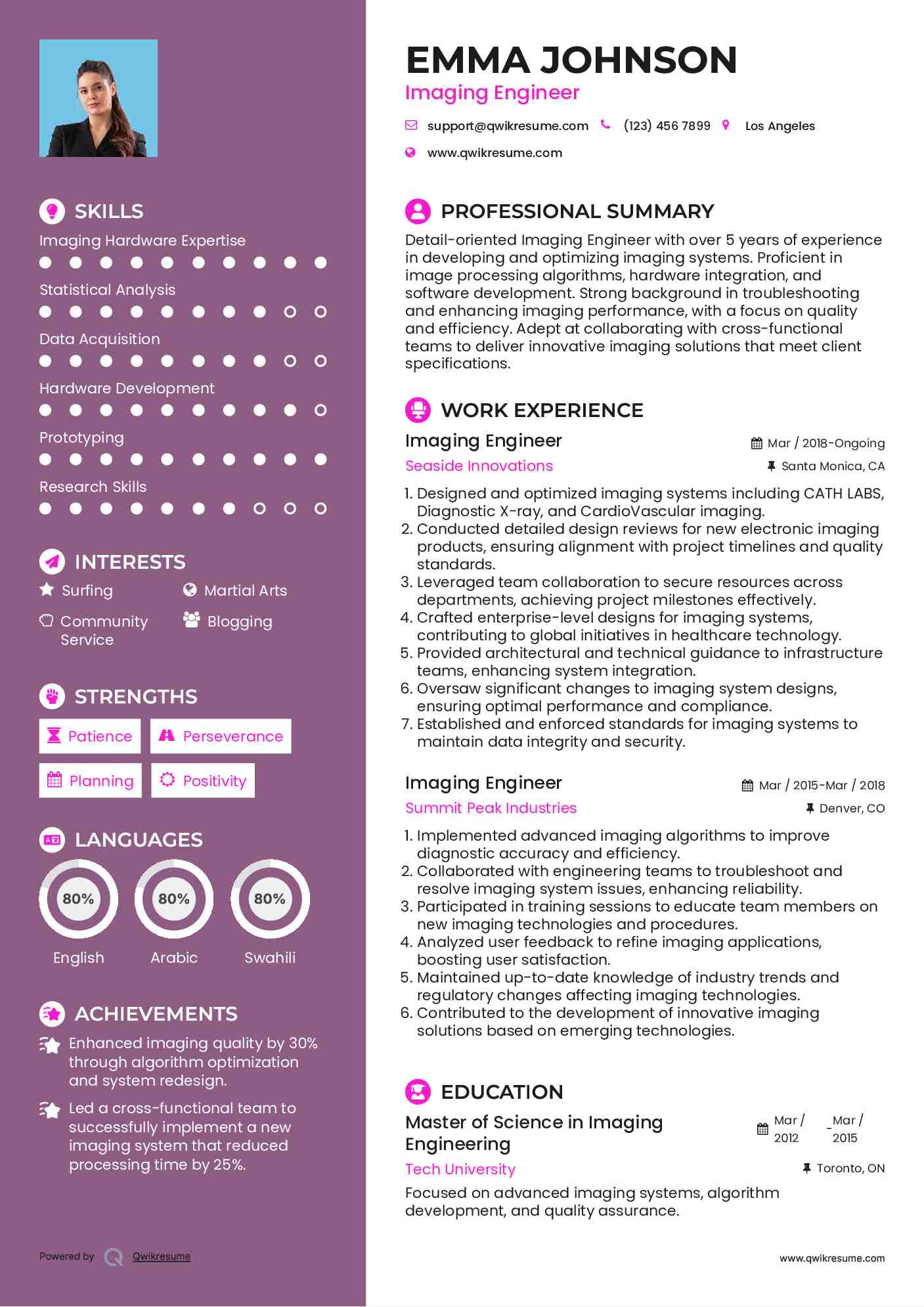 Imaging Engineer Resume Example