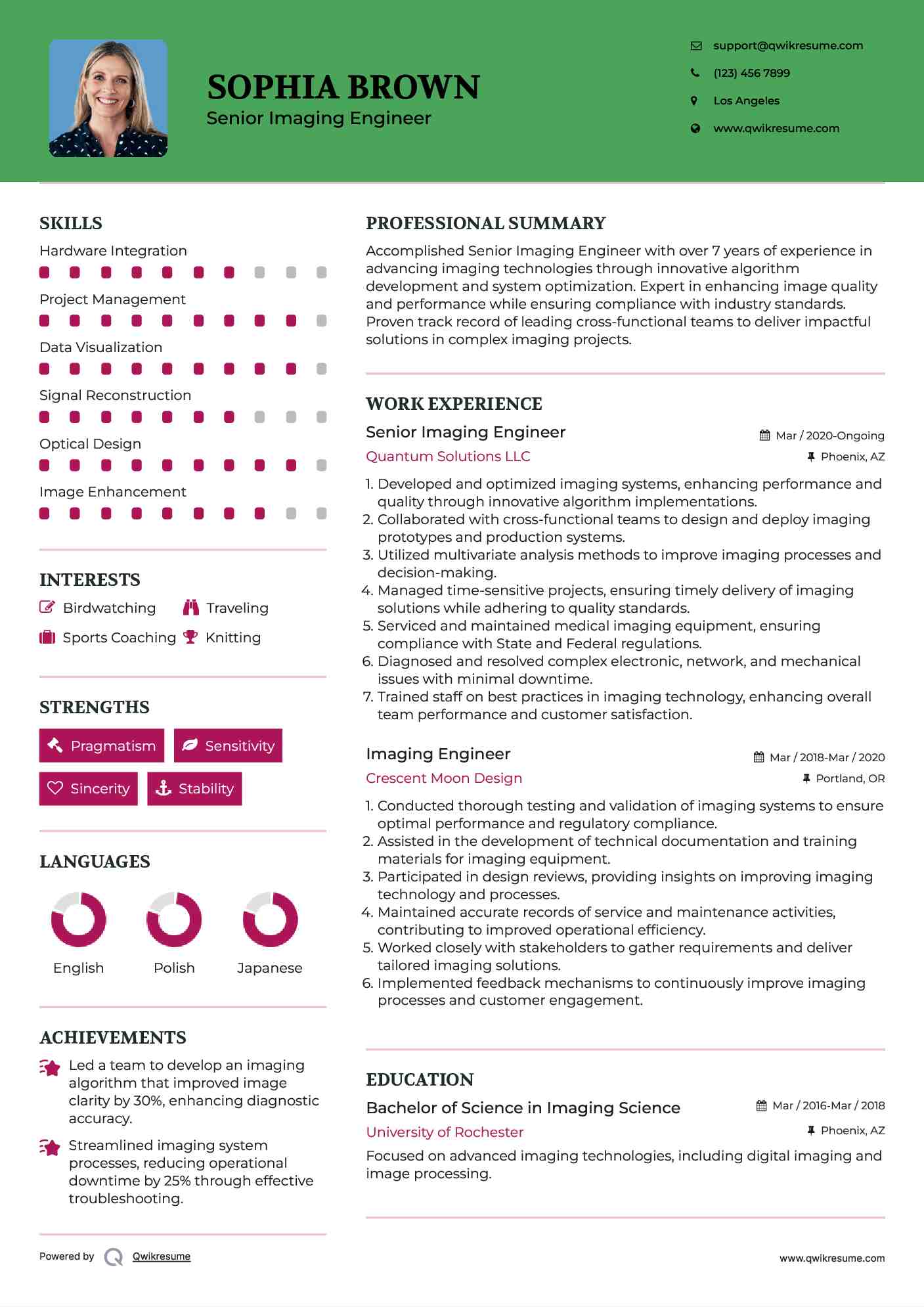 Senior Imaging Engineer Resume Model