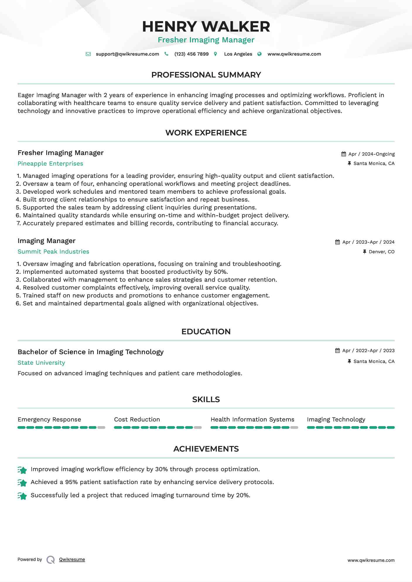 Fresher Imaging Manager Resume Format