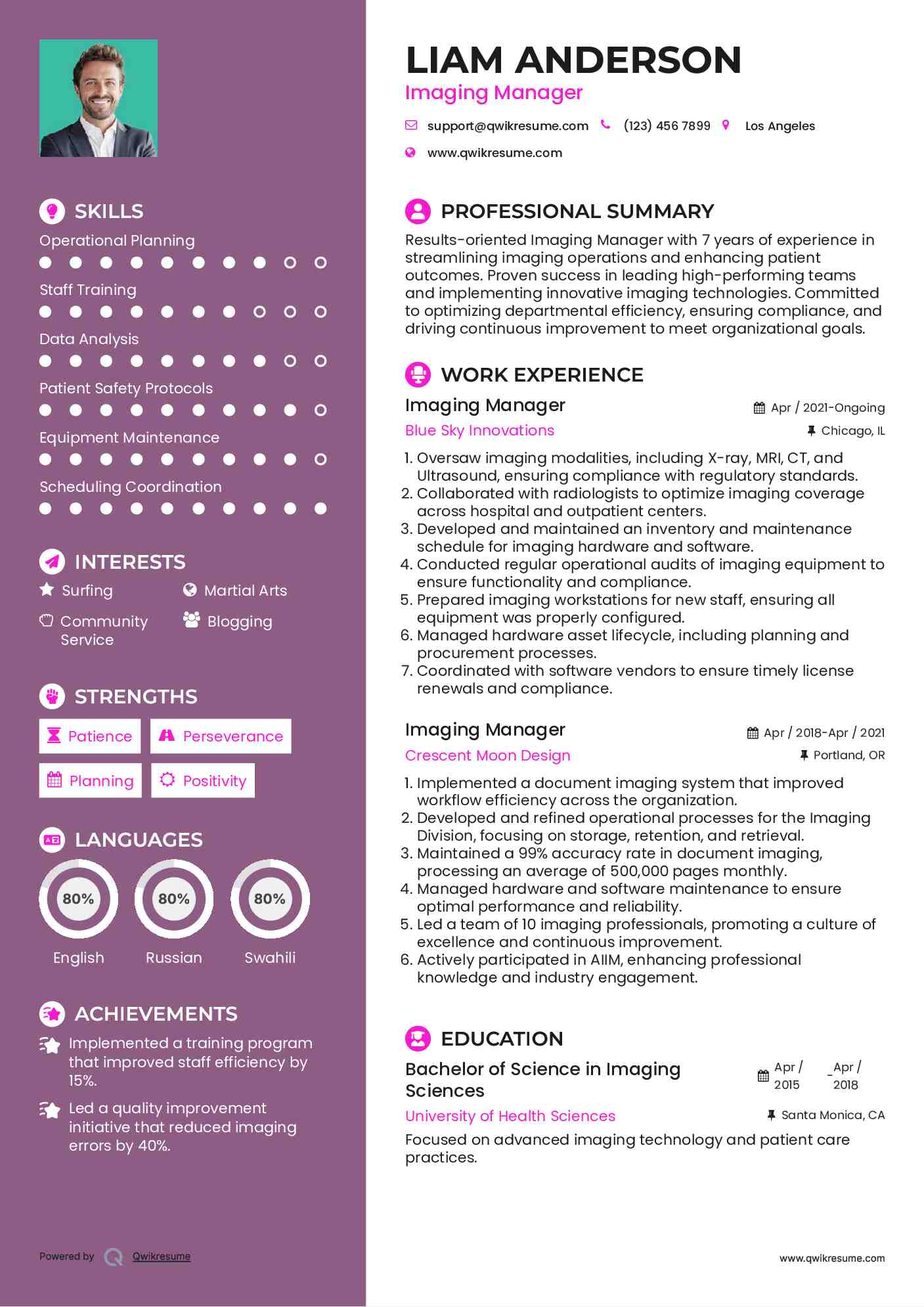 Imaging Manager Resume Model