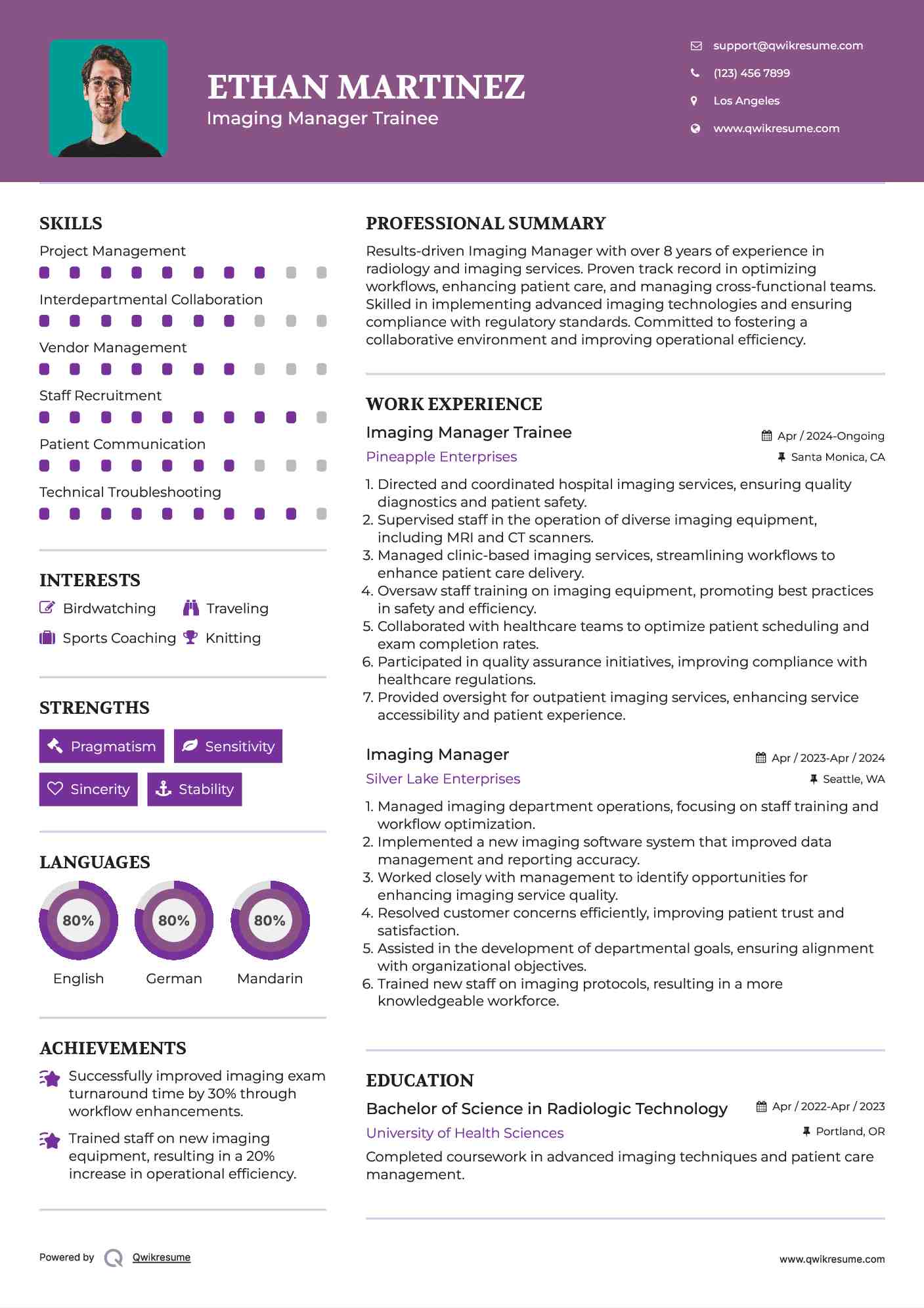 Imaging Manager Trainee Resume Model