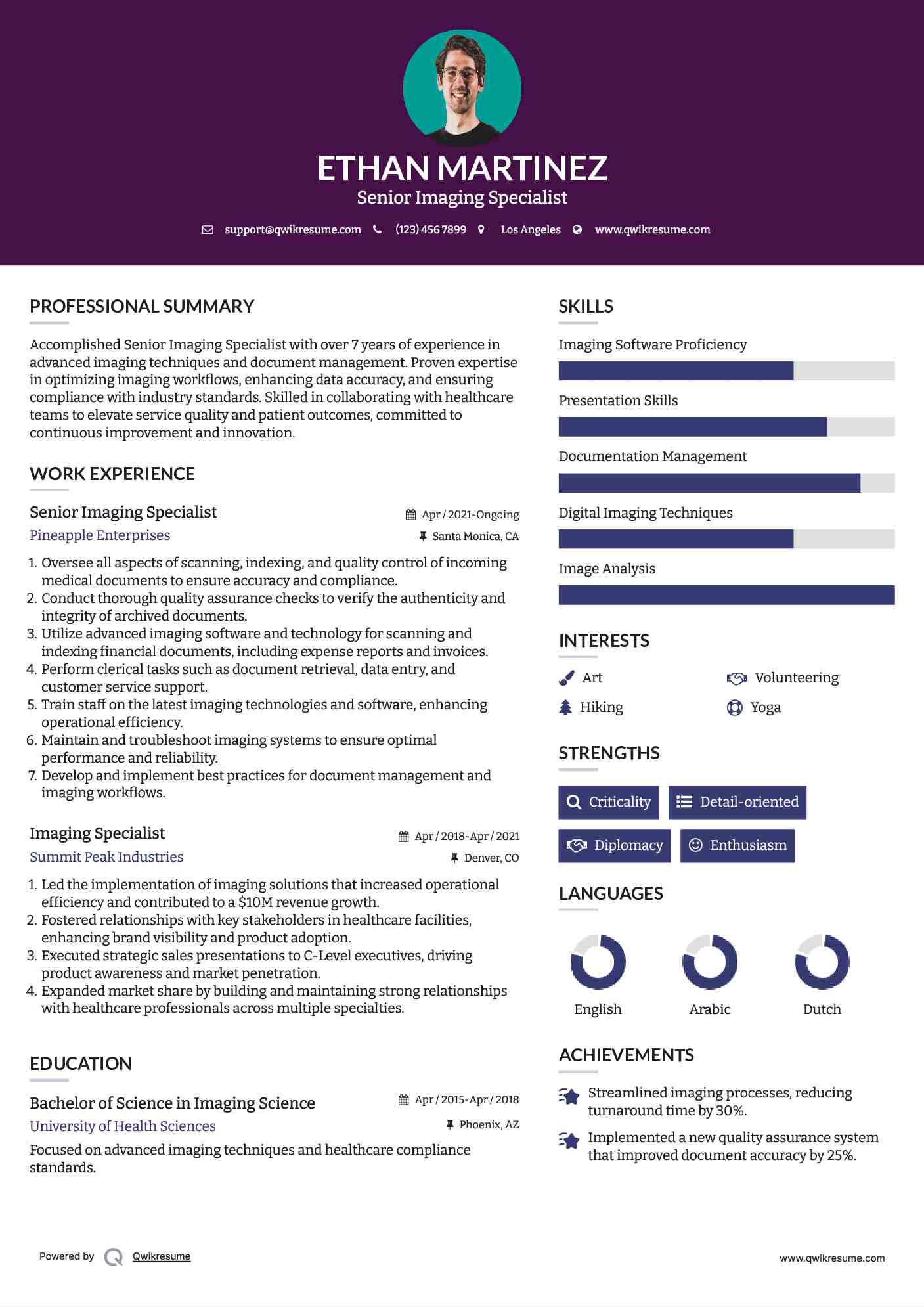 Senior Imaging Specialist Resume Template