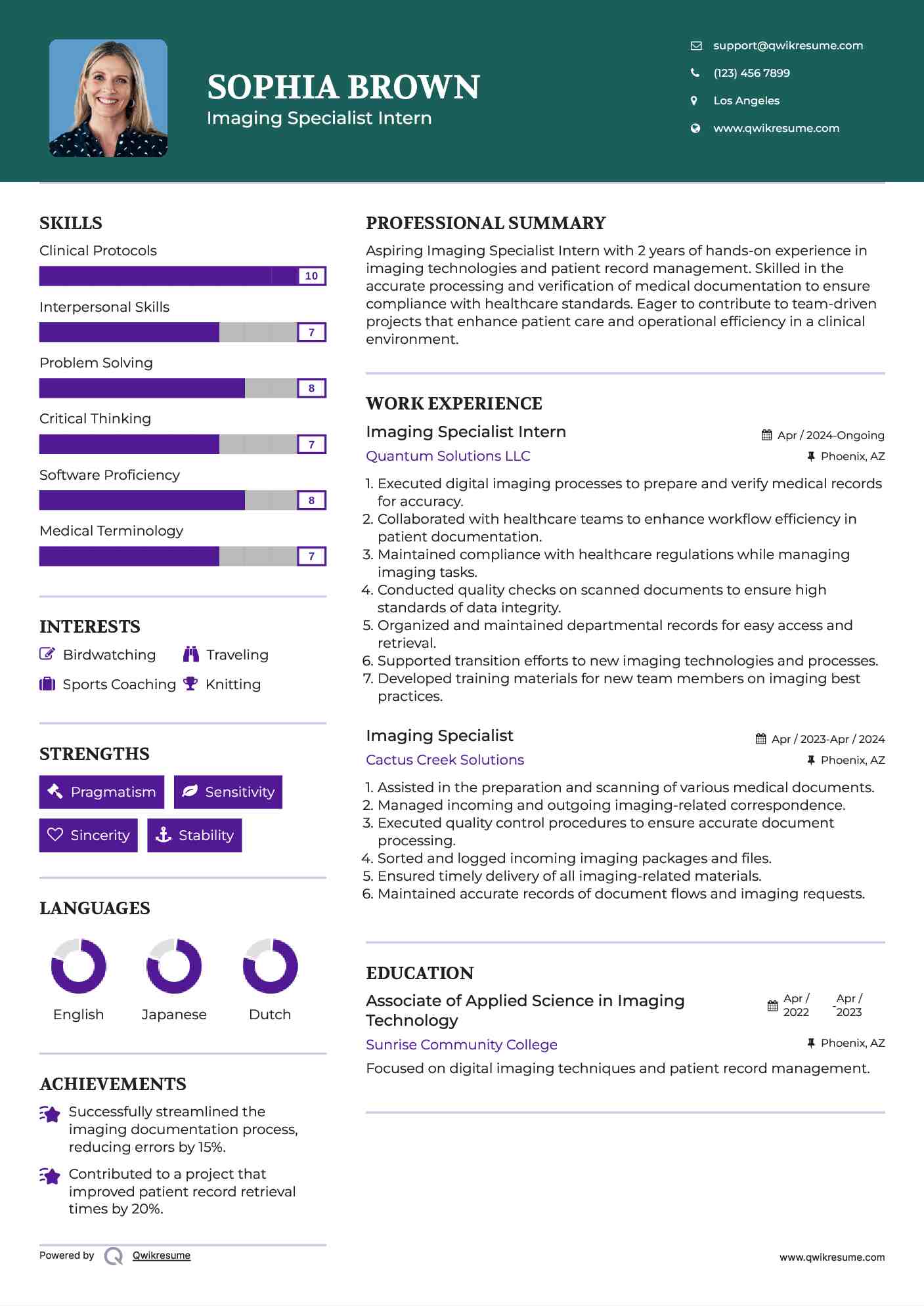 Imaging Specialist Intern Resume Example