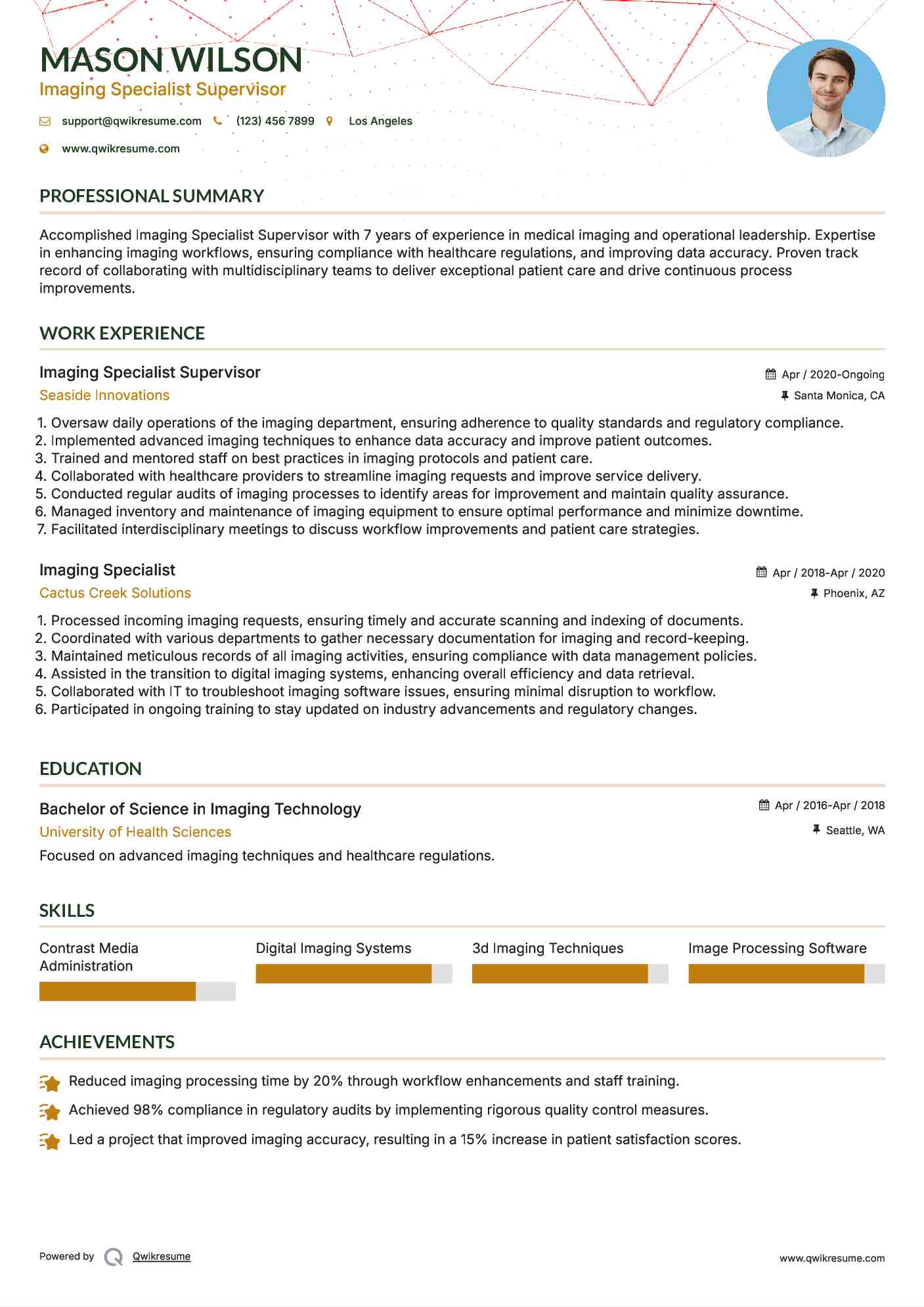 Imaging Specialist Supervisor Resume Sample