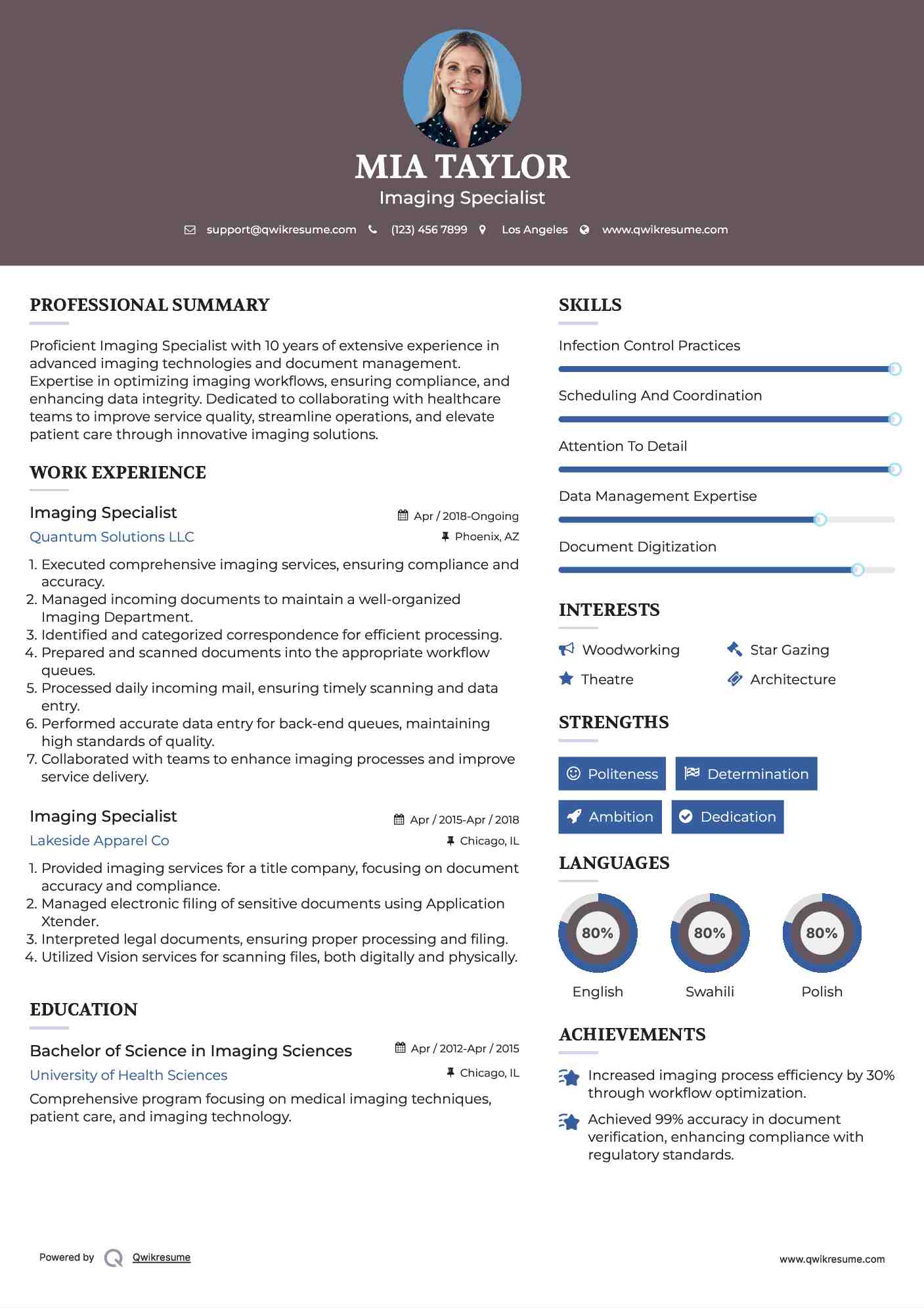 Imaging Specialist Resume Example