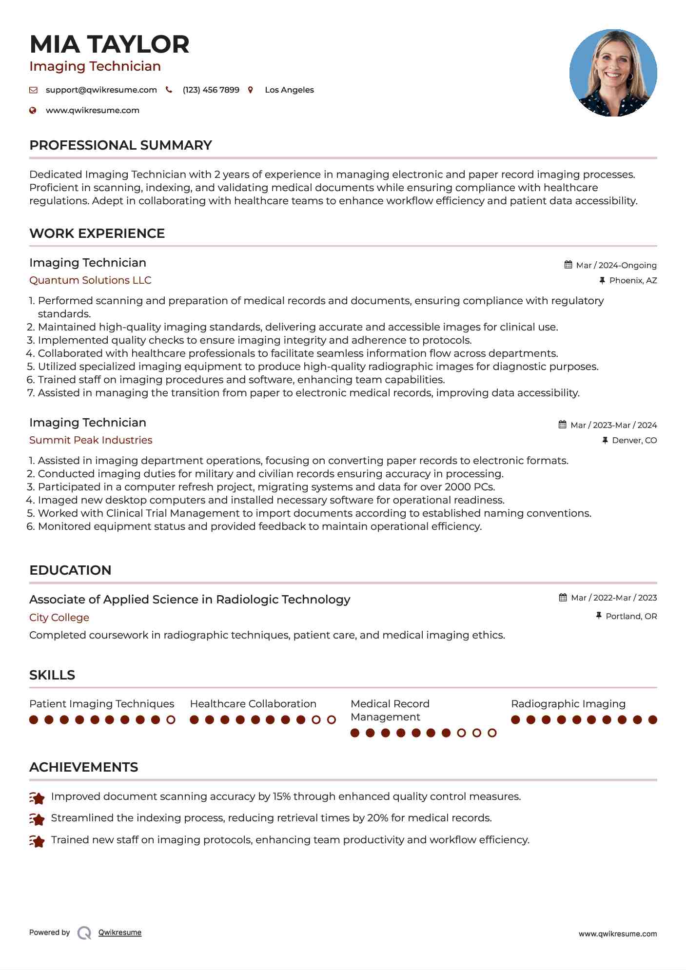 Imaging Technician Resume Format