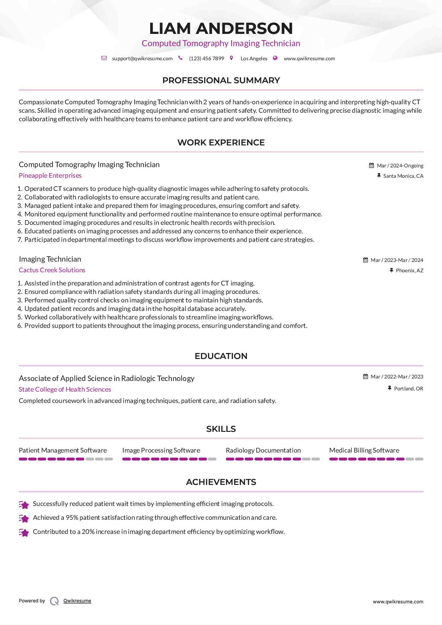 Computed Tomography Imaging Technician Resume Model