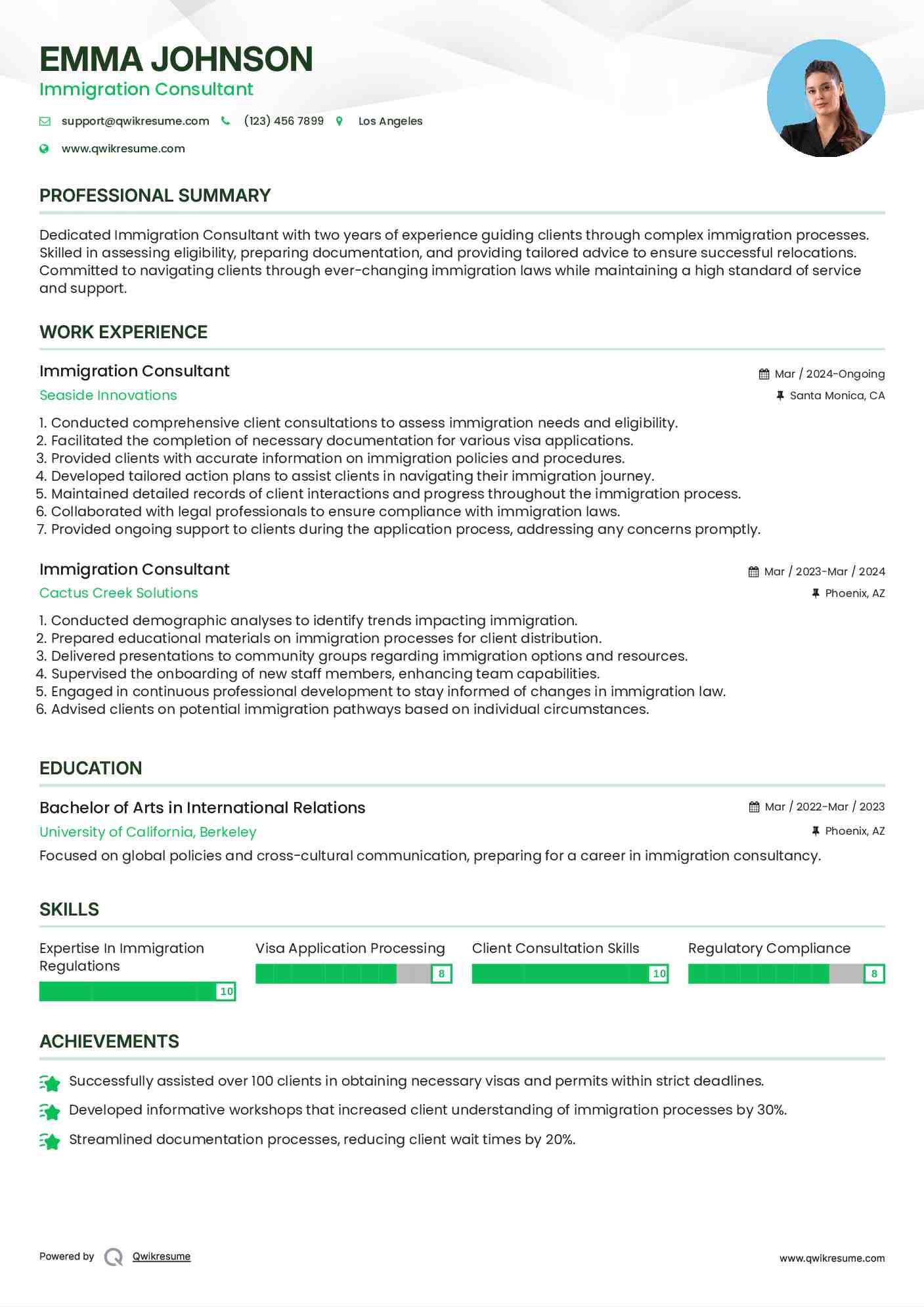 Immigration Consultant Resume Example