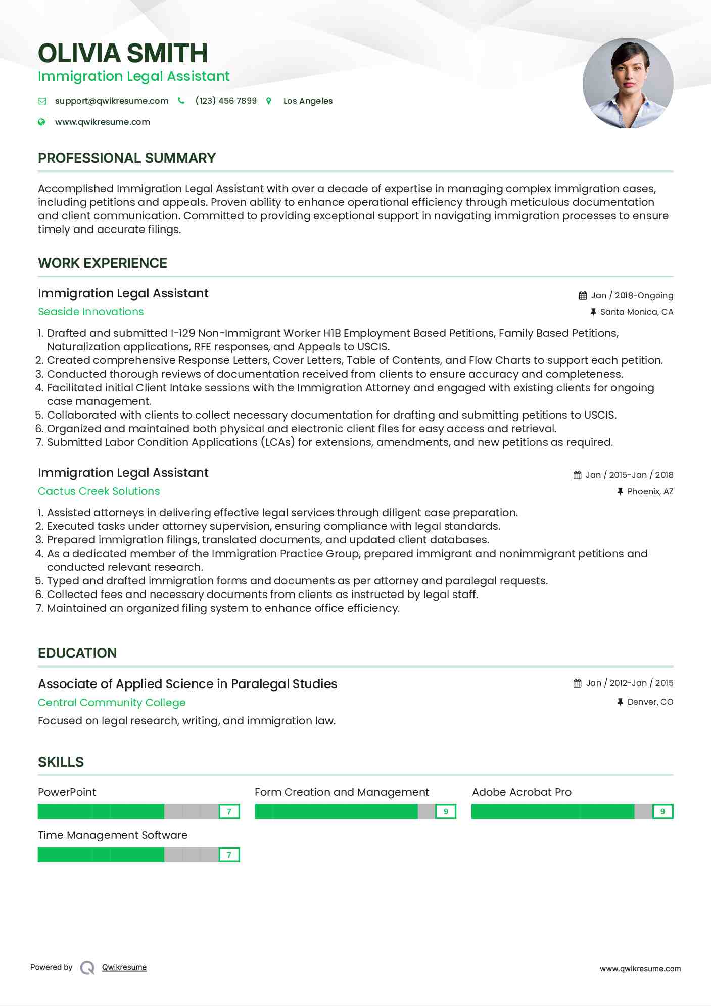 Immigration Legal Assistant Resume Example