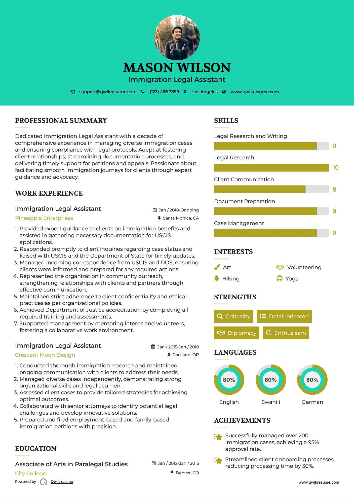Immigration Legal Assistant Resume Model
