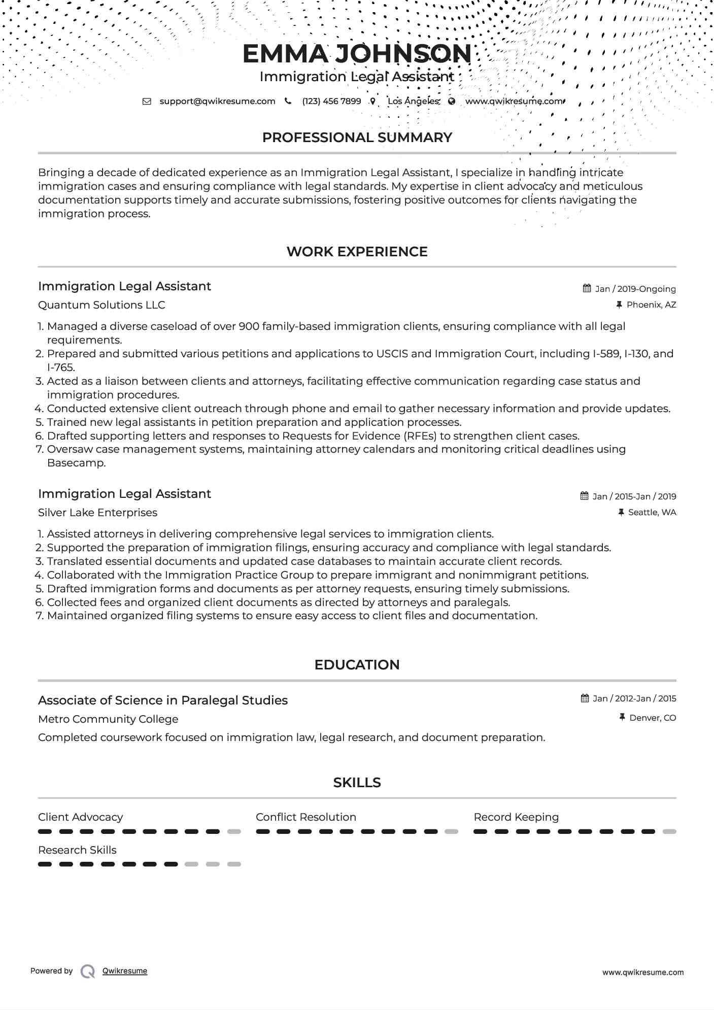 Immigration Legal Assistant Resume Format