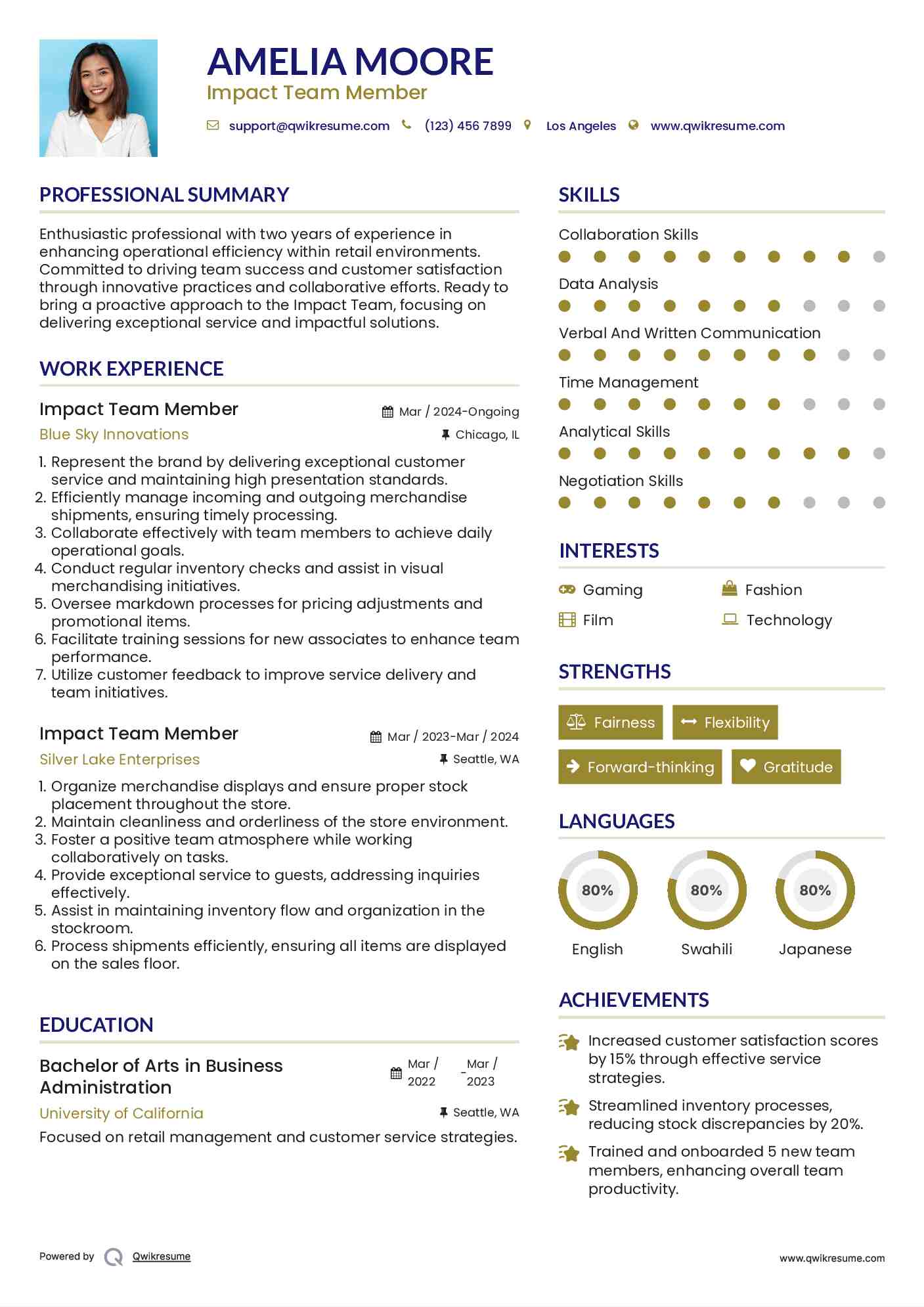 Impact Team Member Resume Sample