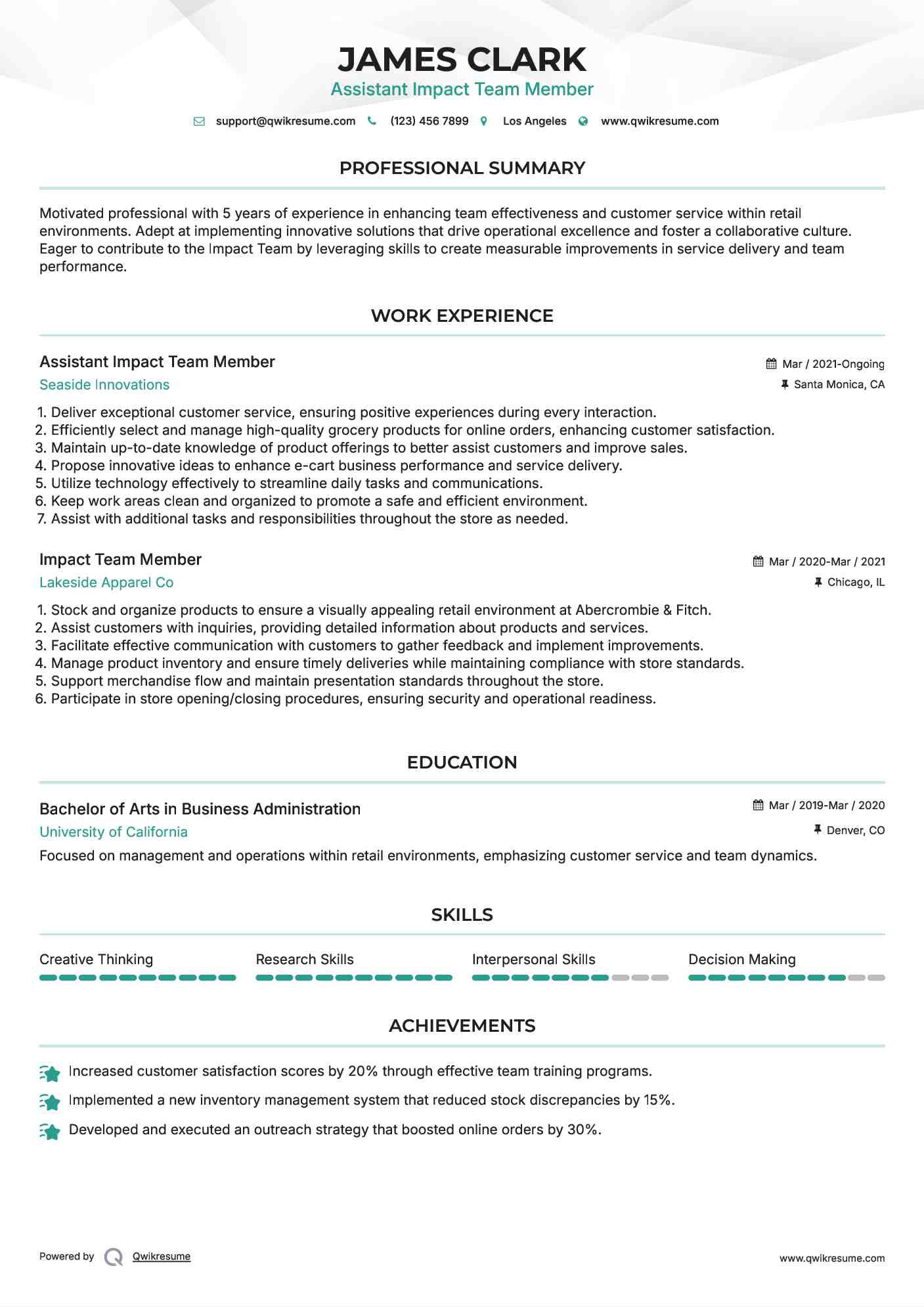 Assistant Impact Team Member Resume Template
