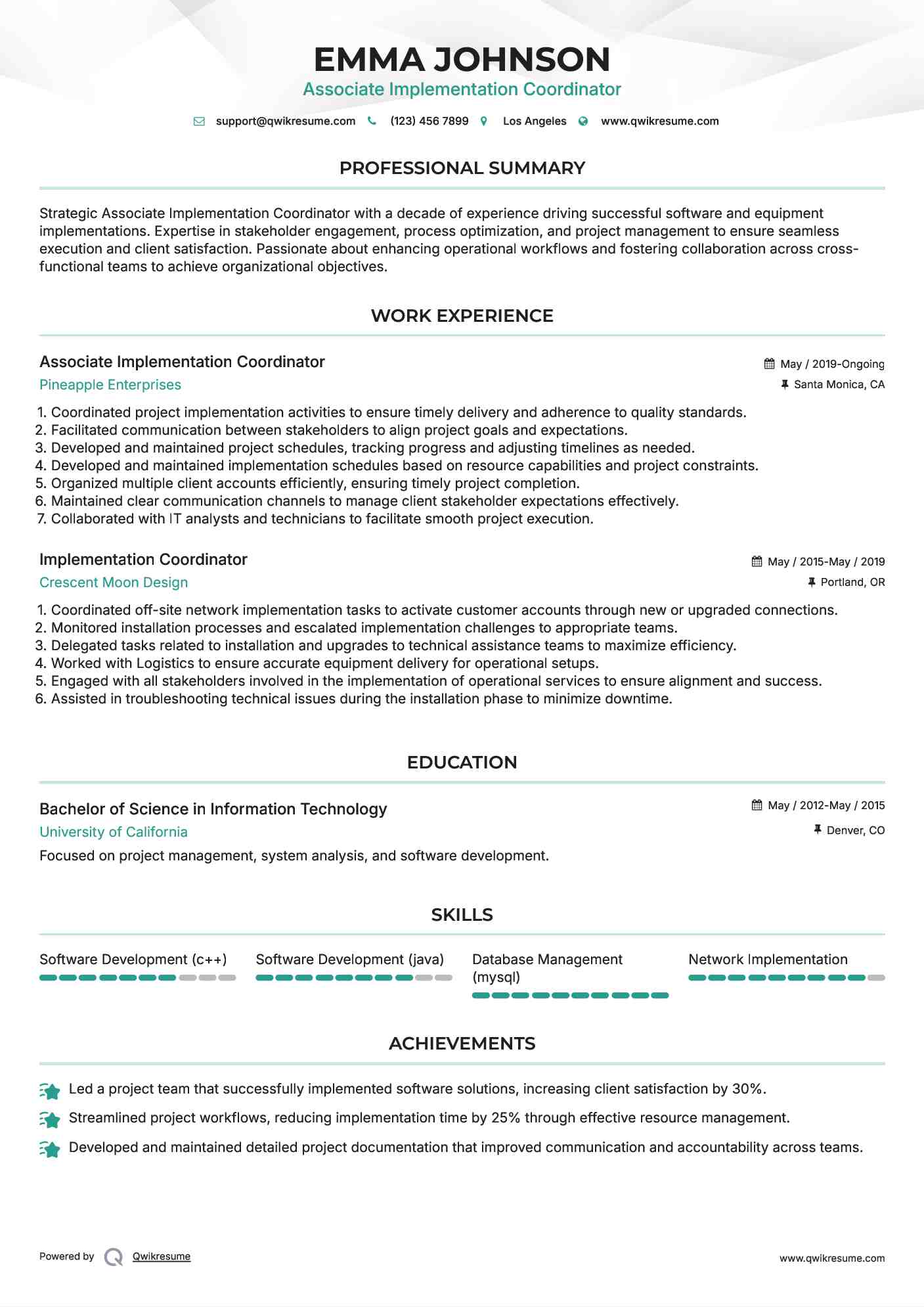 Associate Implementation Coordinator
 Resume Example