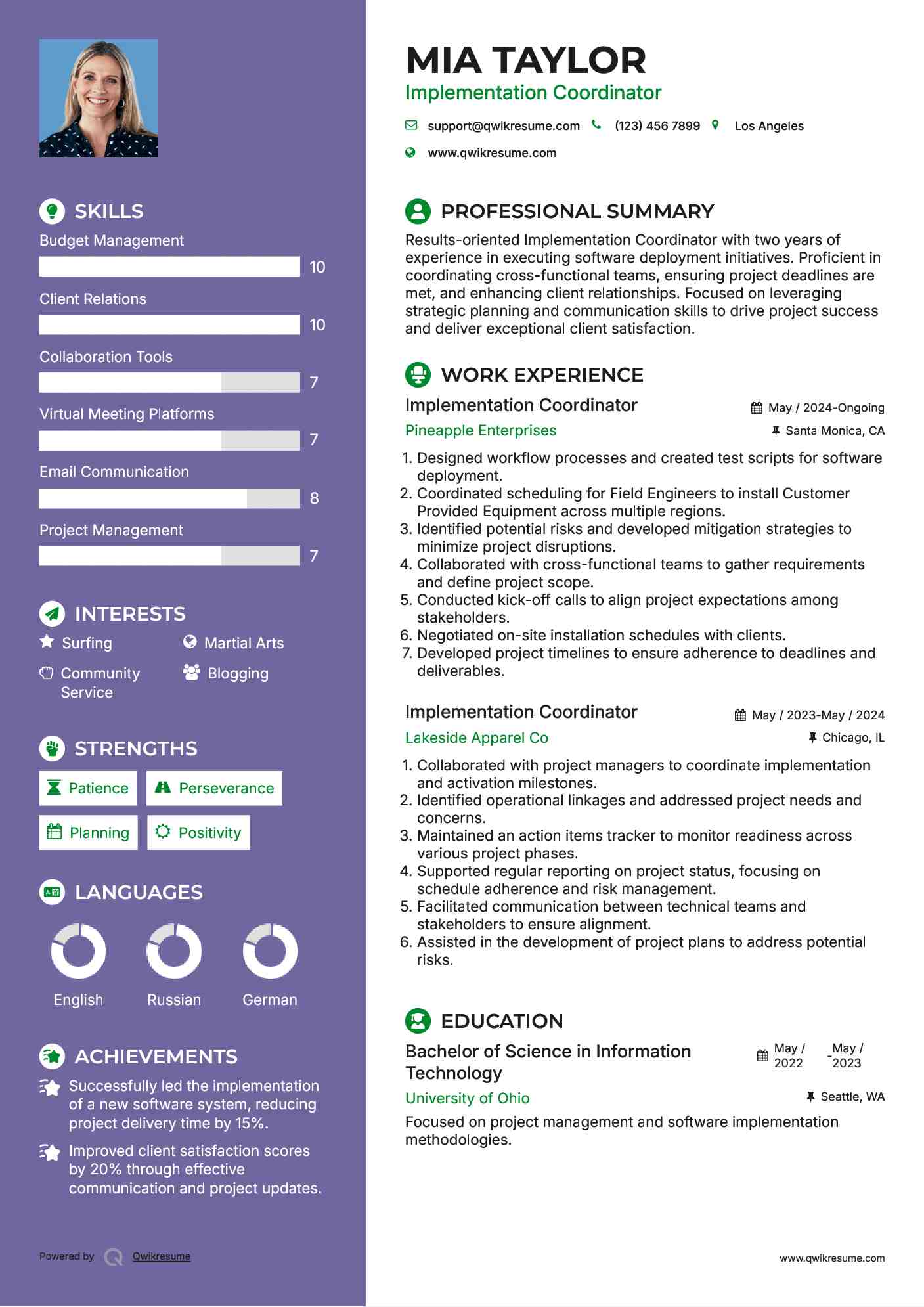Implementation Coordinator Resume Sample