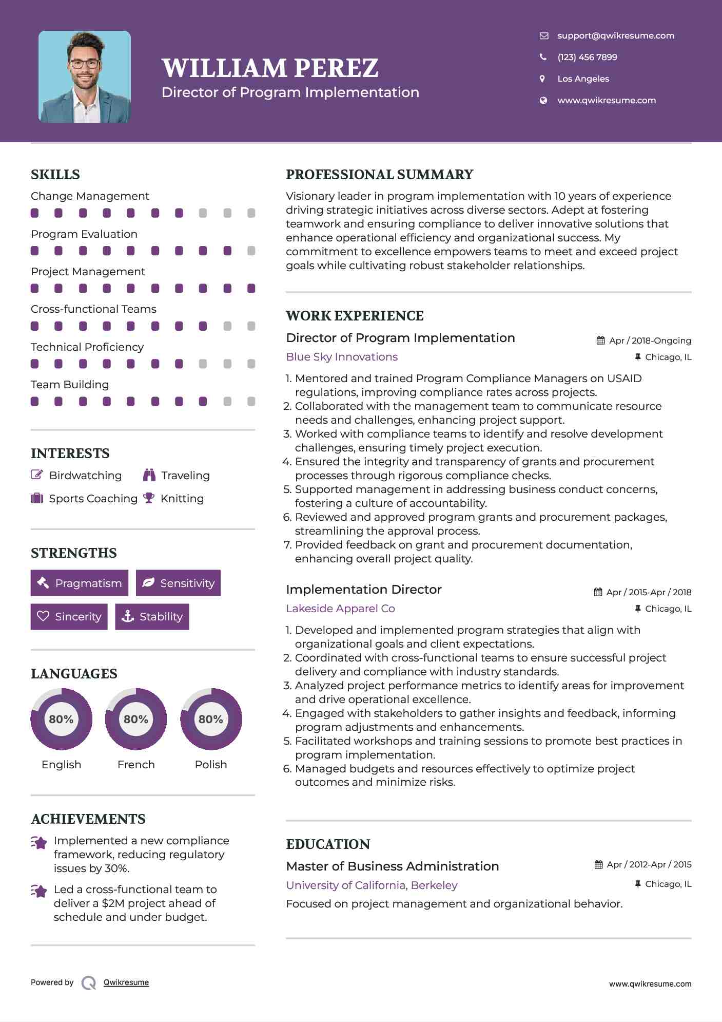 Director of Program Implementation Resume Sample