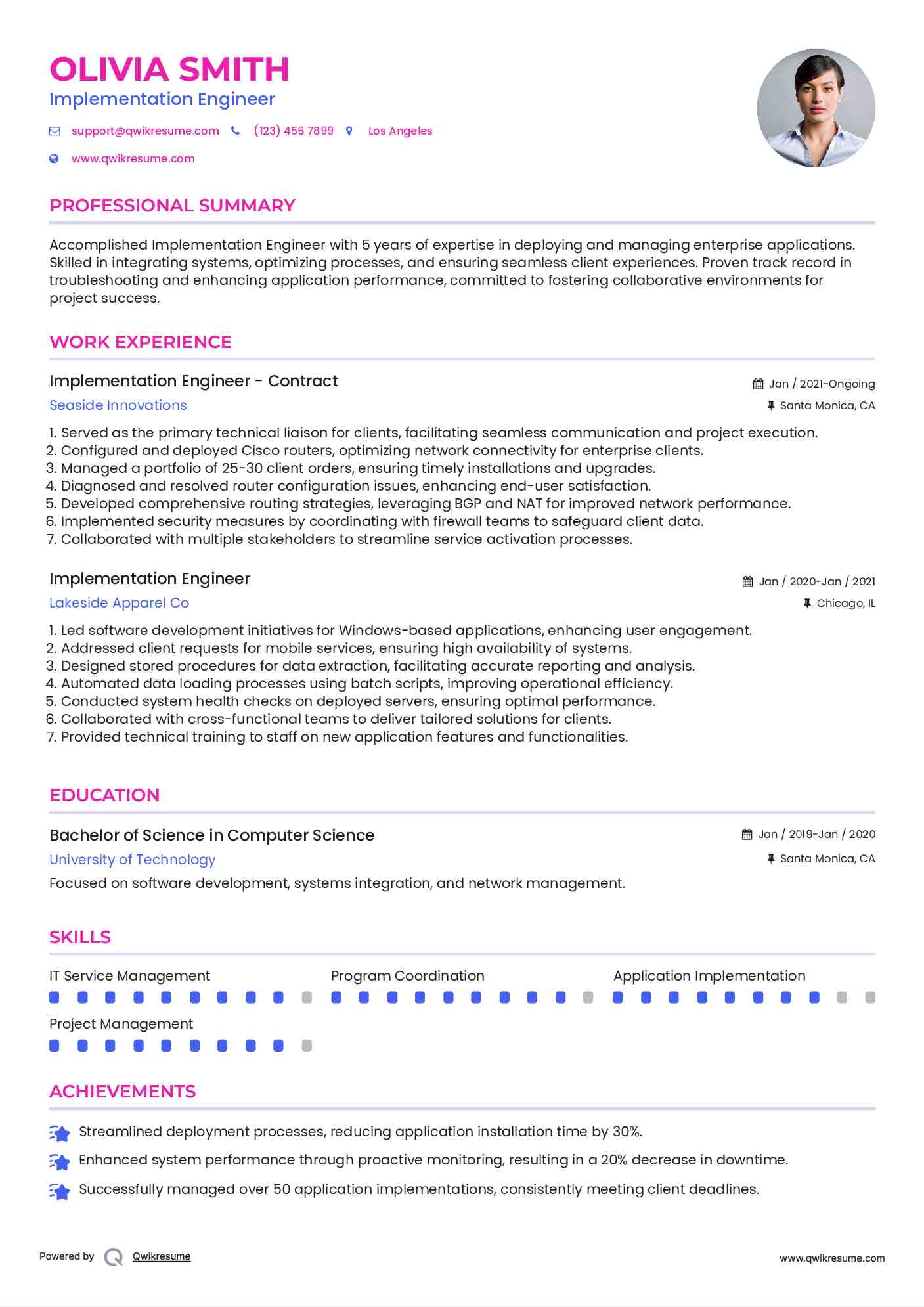 Implementation Engineer - Contract Resume Sample