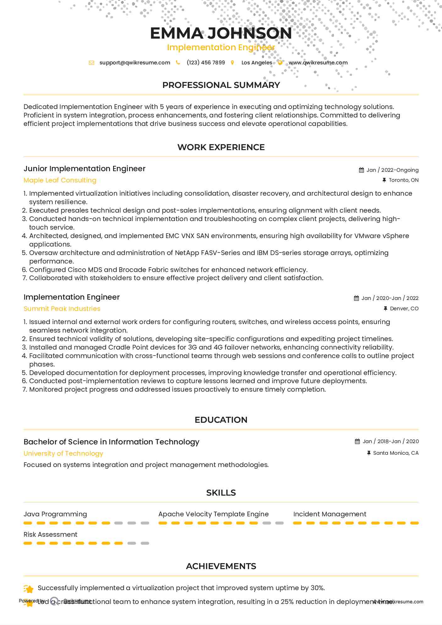 Junior Implementation Engineer Resume Sample